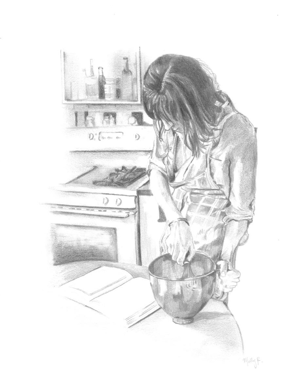 Emily Hiliard , blogger and folklorist, pie aficionado. Whisking away in her West Virginia kitchen. Pencil. 