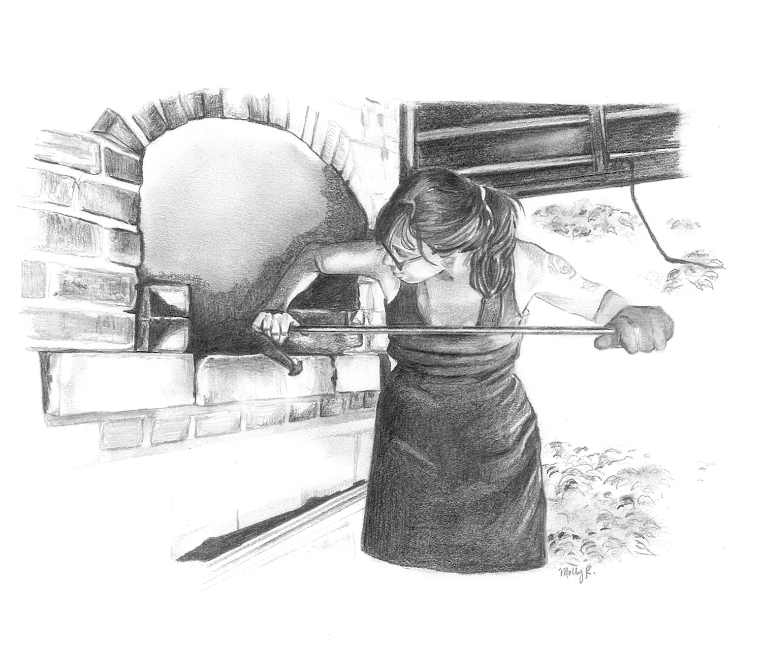 Tara Jenson , Bread baker and creator of Smoke Signals Bakery, loading fresh pies into her outdoor brick oven in Asheville, North Carolina. Pencil. 