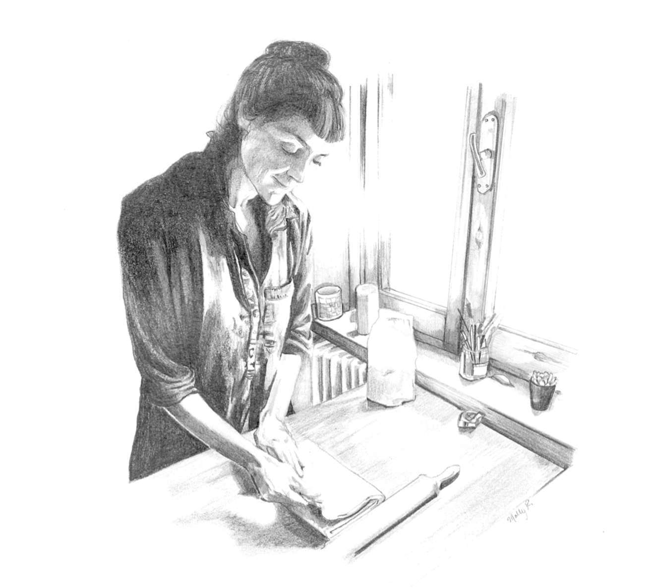 Me, myself and I, baking croissants in Anghiari, Italy. Pencil. 