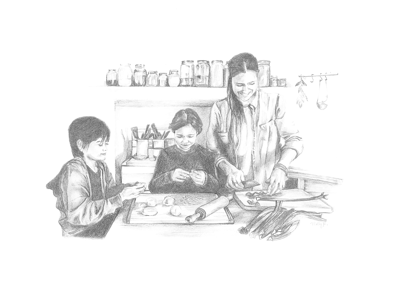 Emma Galloway , New Zealand chef, blogger and cookbook writer, at home with her children making rhubarb pie. Pencil. 