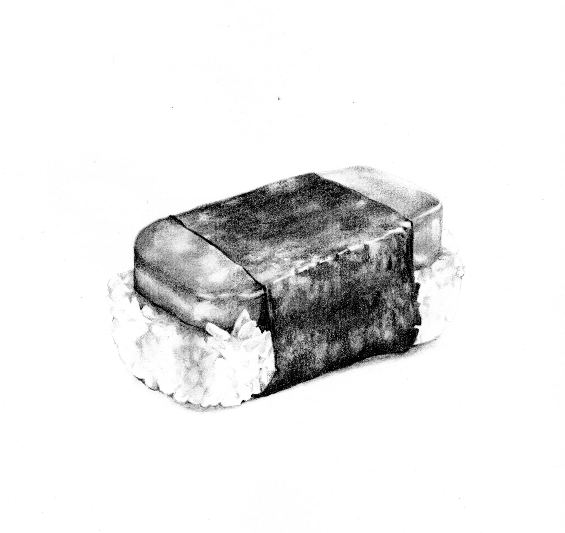 Musubi, a Hawaiian specialty. Spam, sandwiched between rice and nori seaweed. Drawn in pencil, available in prints.