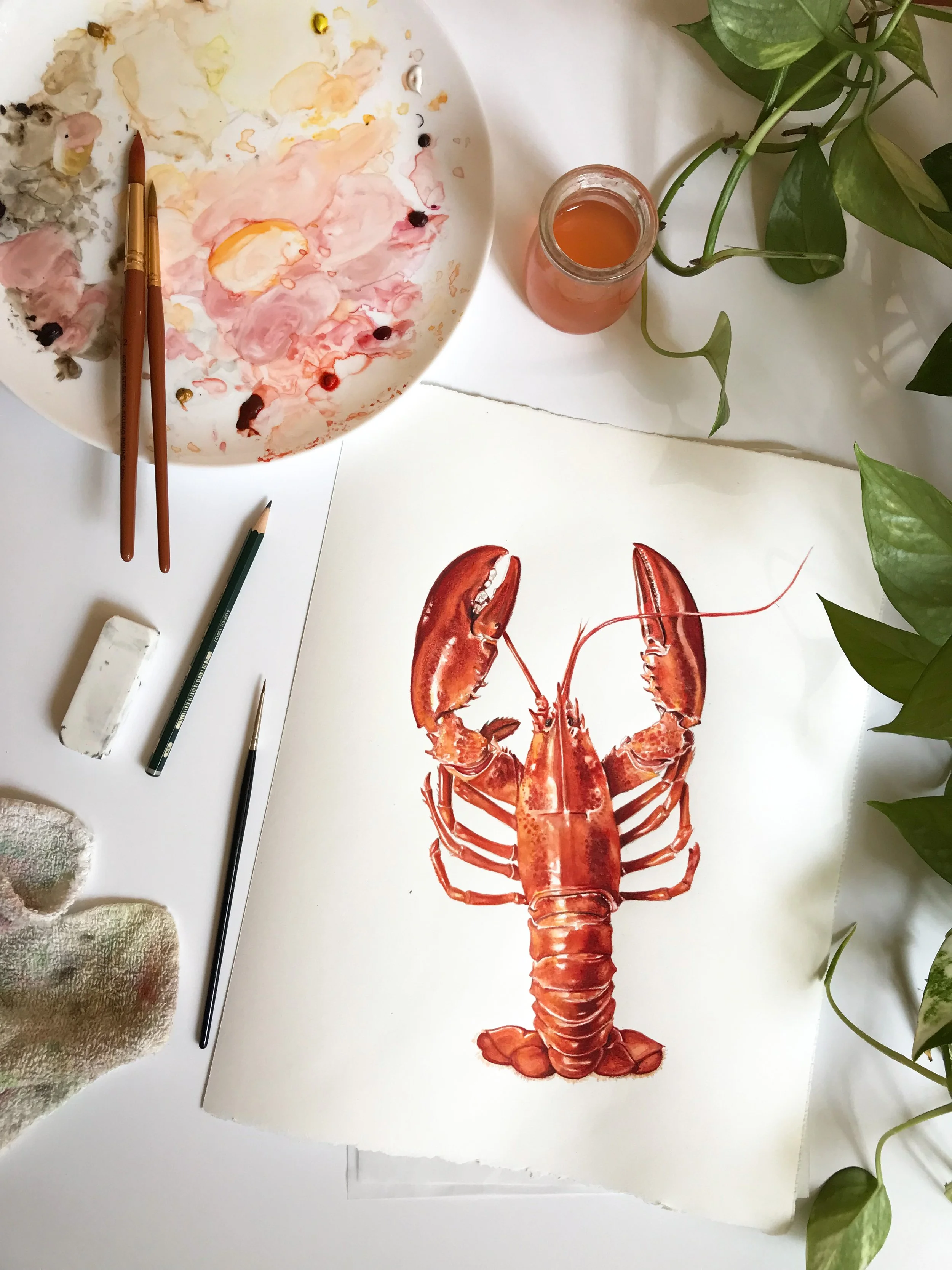 A watercolor painting of a lobster on white paper, placed on a white surface, surrounded by painting supplies, a glass of water, and green plants.