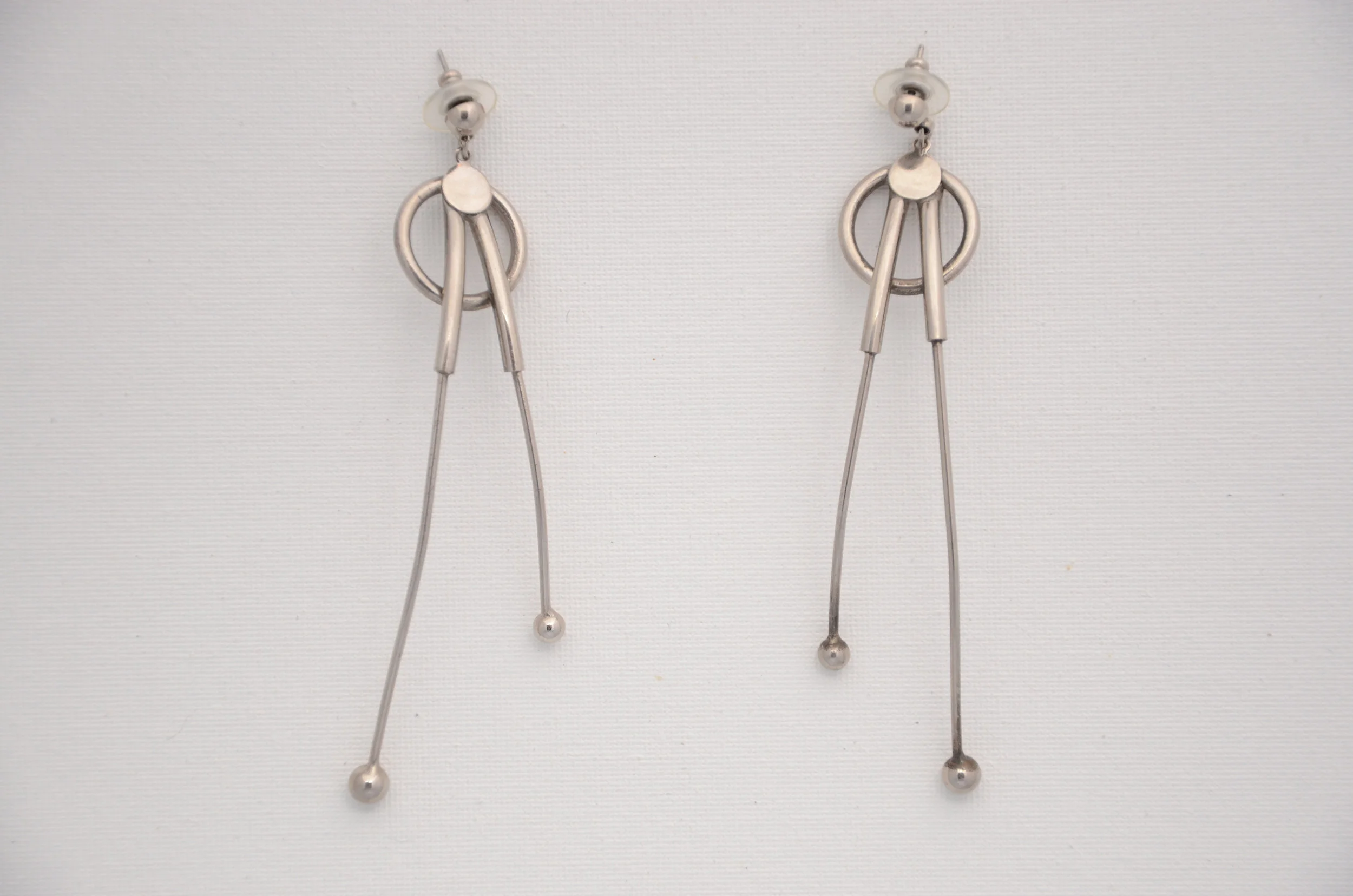 1990's Silver Tone Stone Circle + Pipes Earrings
