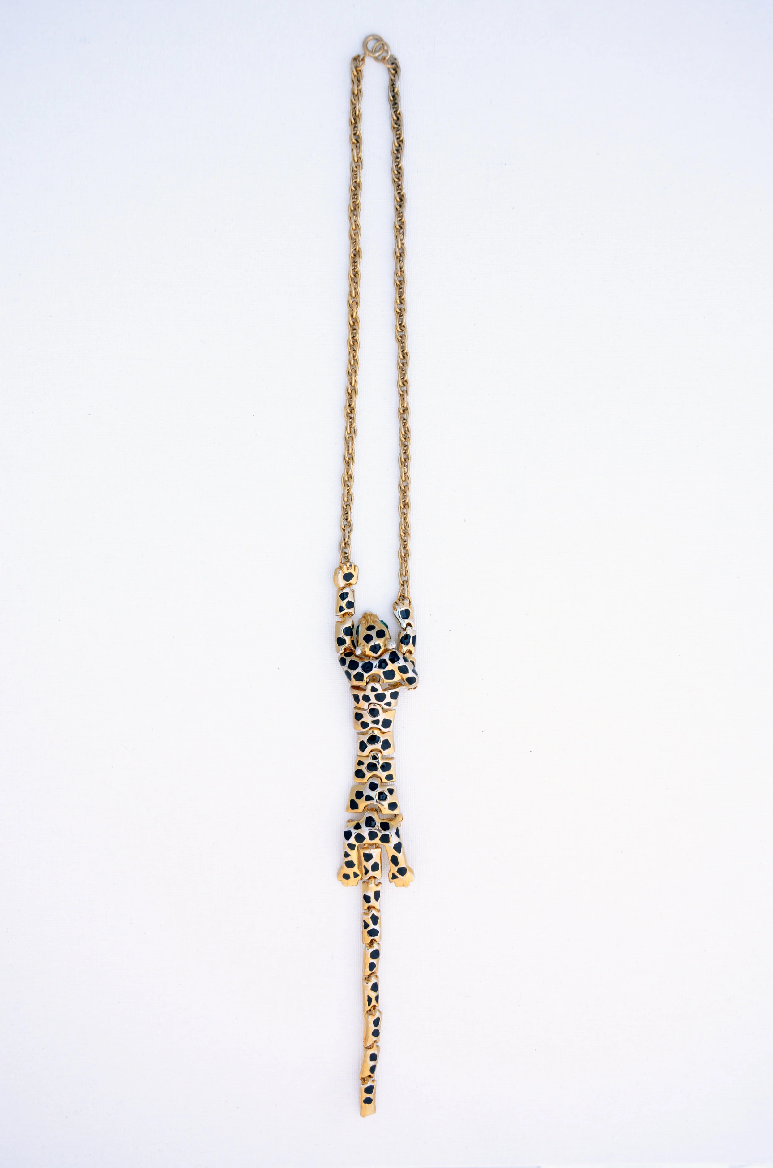 1980's Goldtone + Black Enamel Articulated Cat Necklace