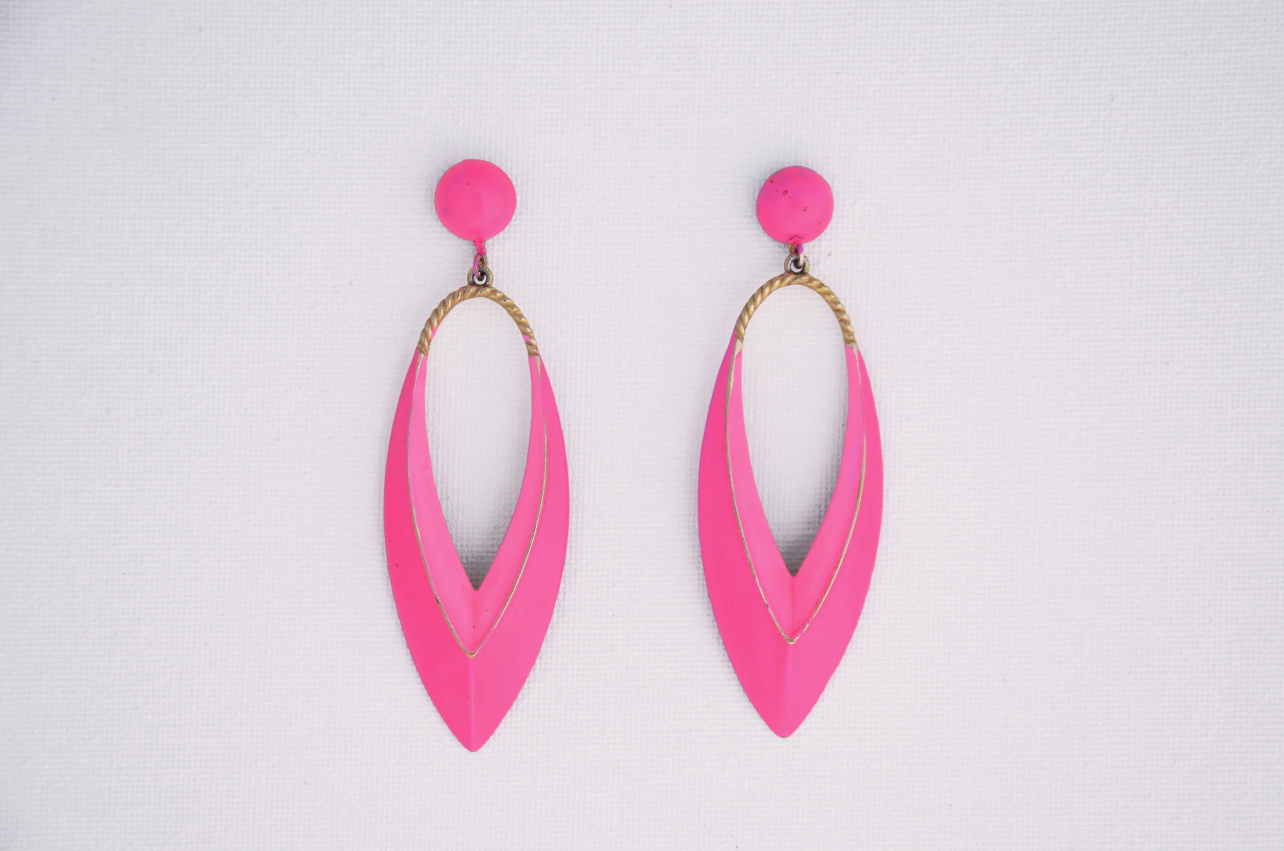 1960's Hot Pink Painted Metal Tear Drop Hoop Earrings