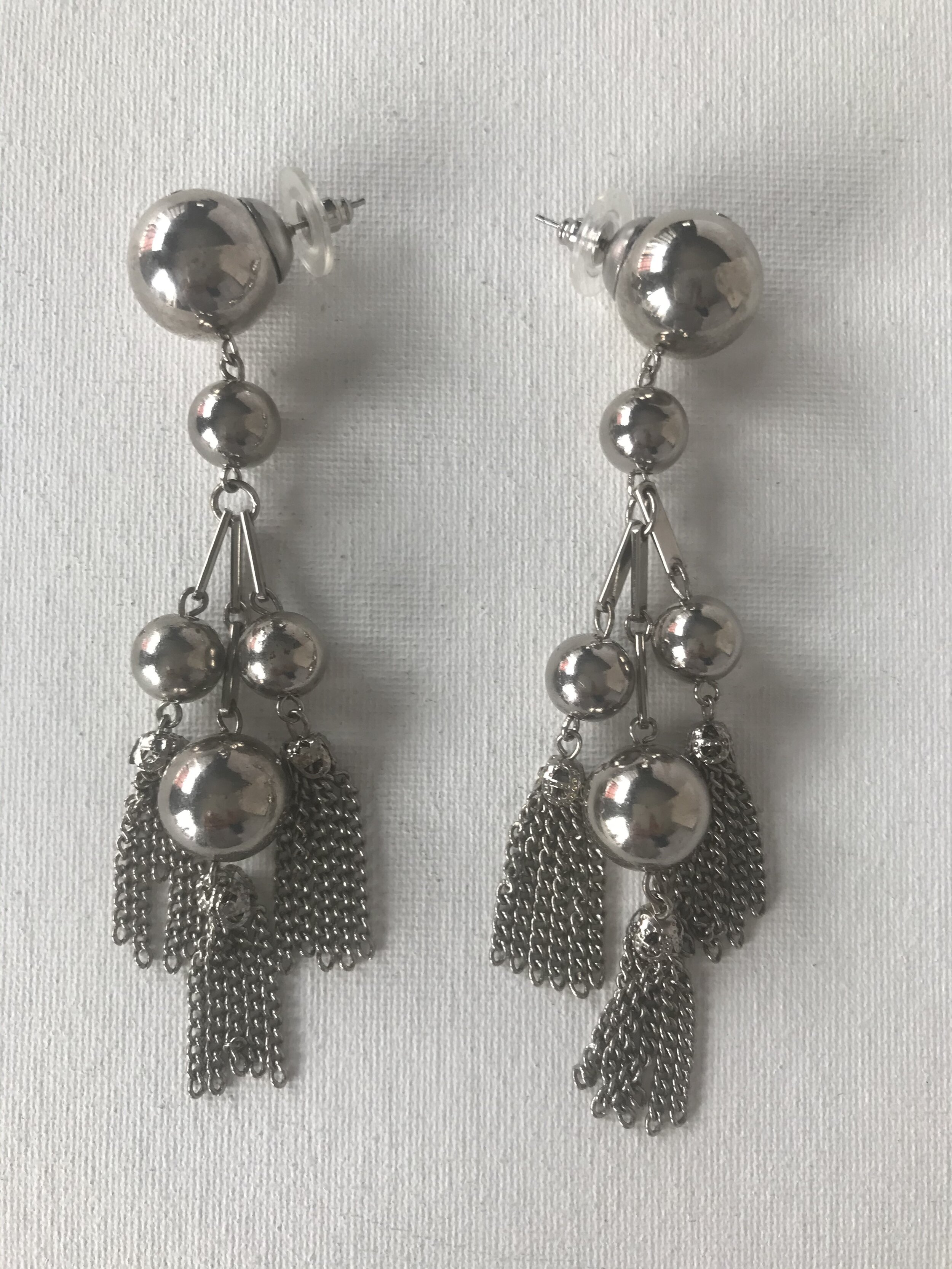 1970's Silver Chain and Ball Chandelier Drop Earrings Pierced Backs
