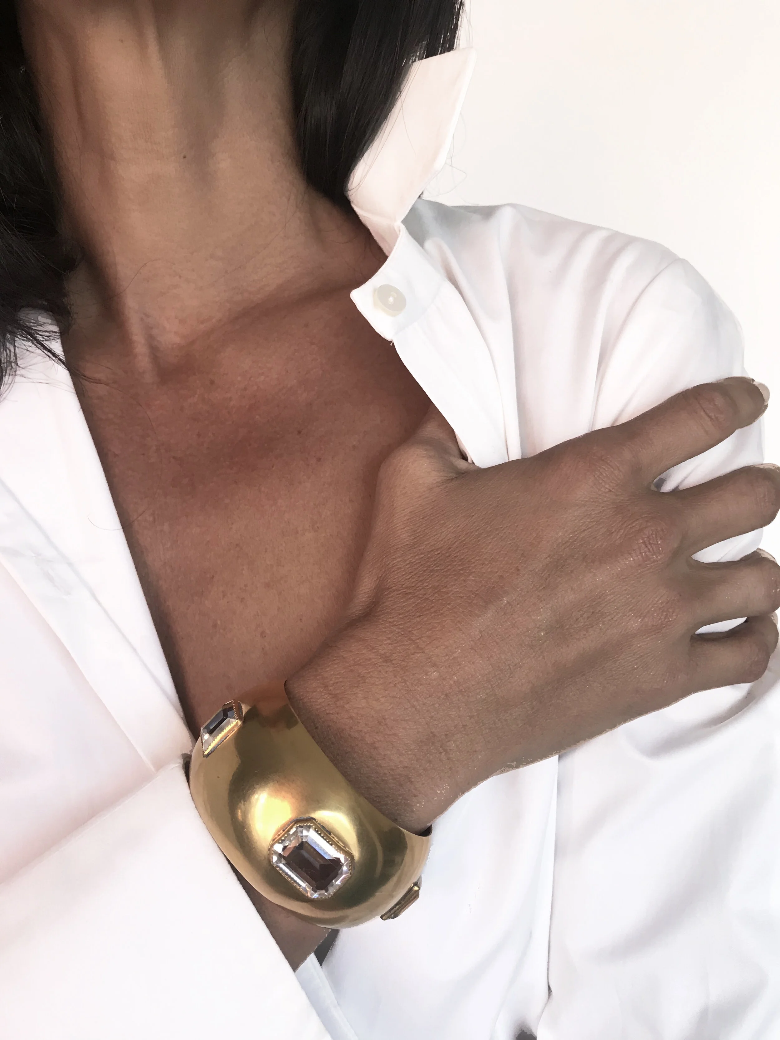 1970's Large Goldtone Brass Cuff with Three Large Crystals On Body