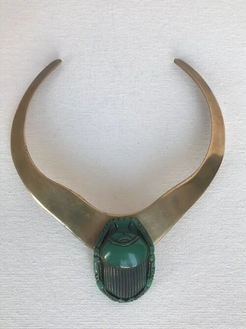 1980's Brass Collar With 1920’s Green Glass Beetle Front View
