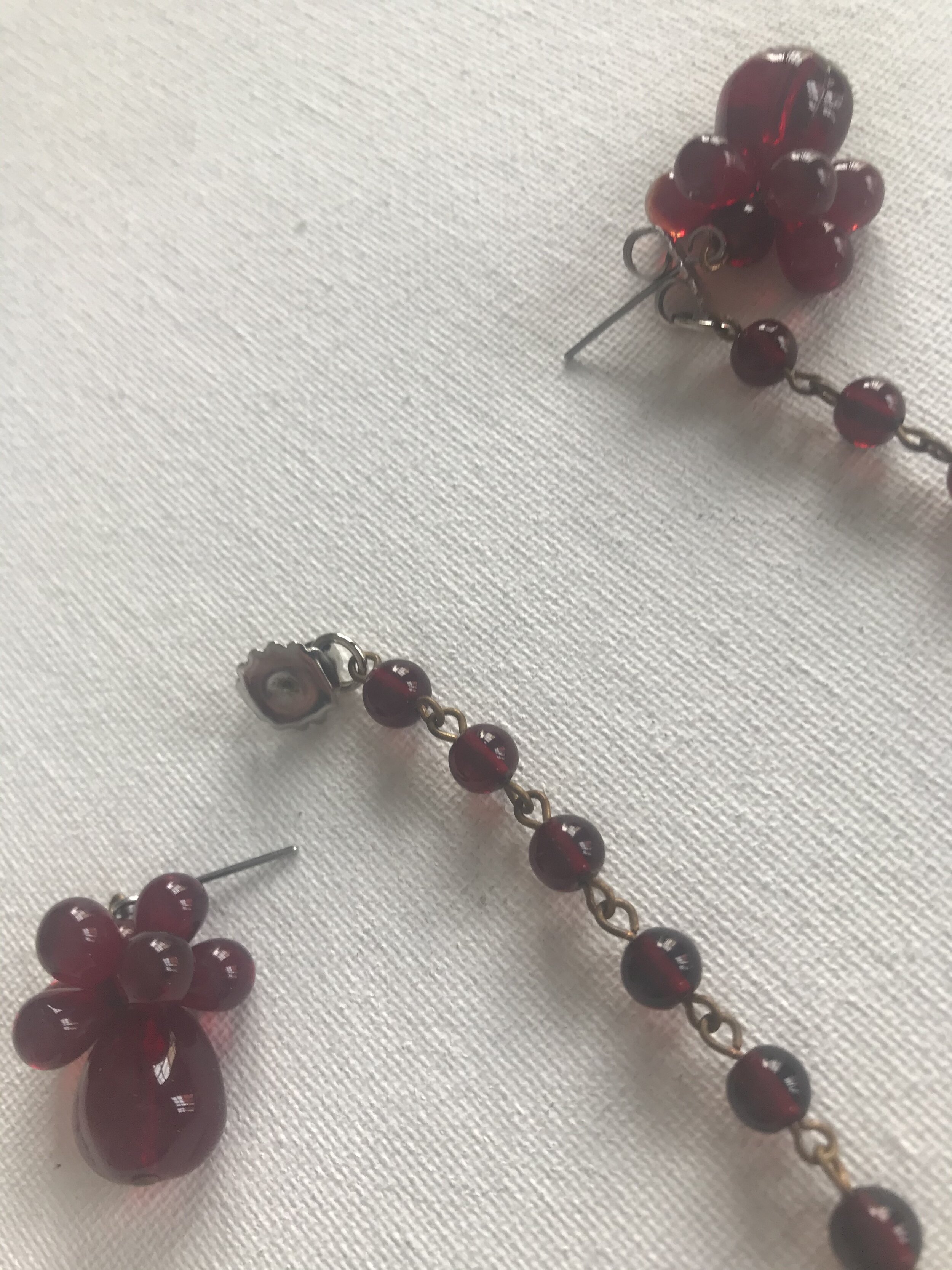 Detail View of 1960’s Red Glass Bead Drop Earrings with a Bead Cluster Upper and Back Post of Cascading Beads