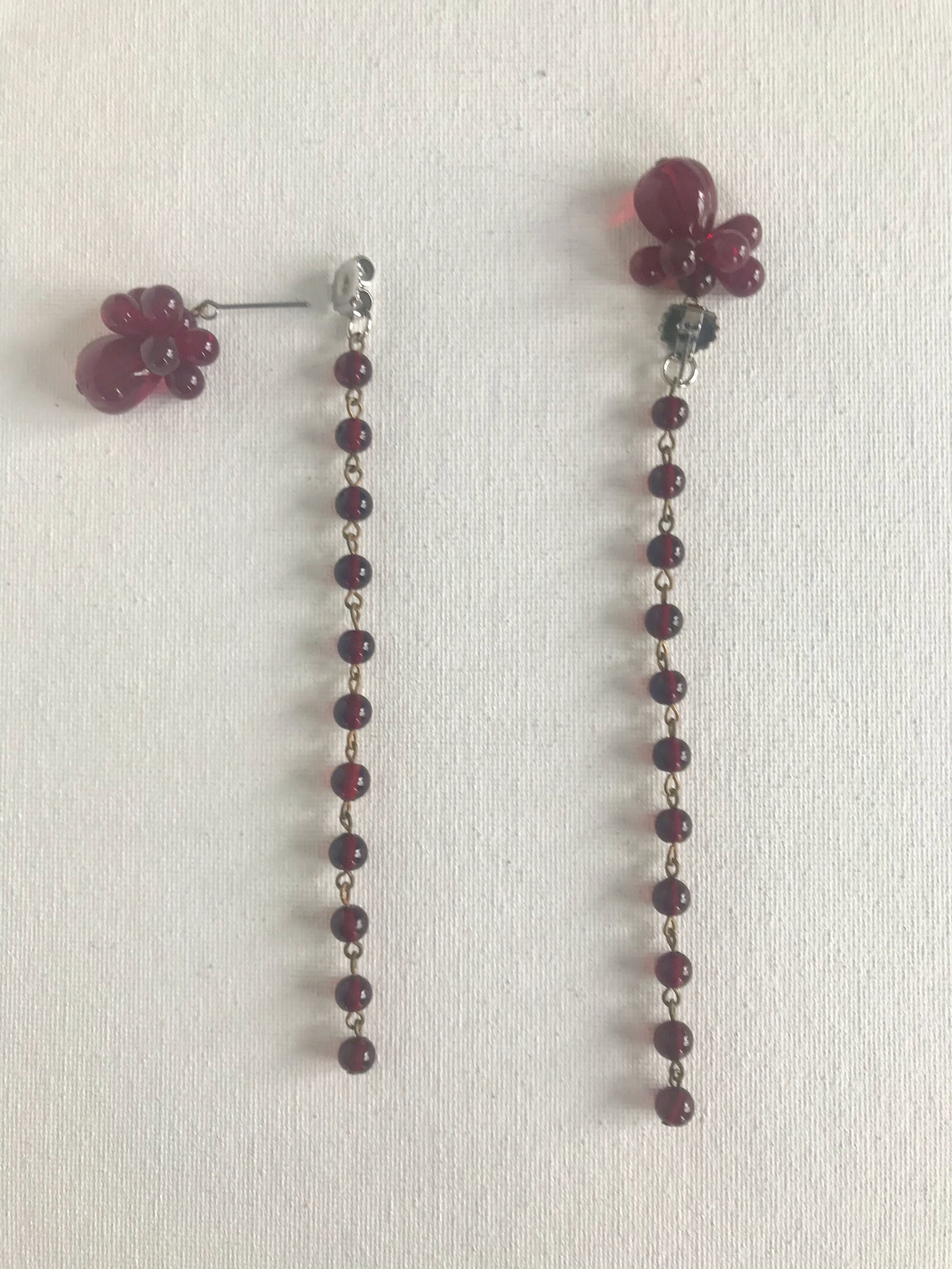 1960’s Red Glass Bead Drop Earrings with a Bead Cluster Upper and Back Post of Cascading Beads
