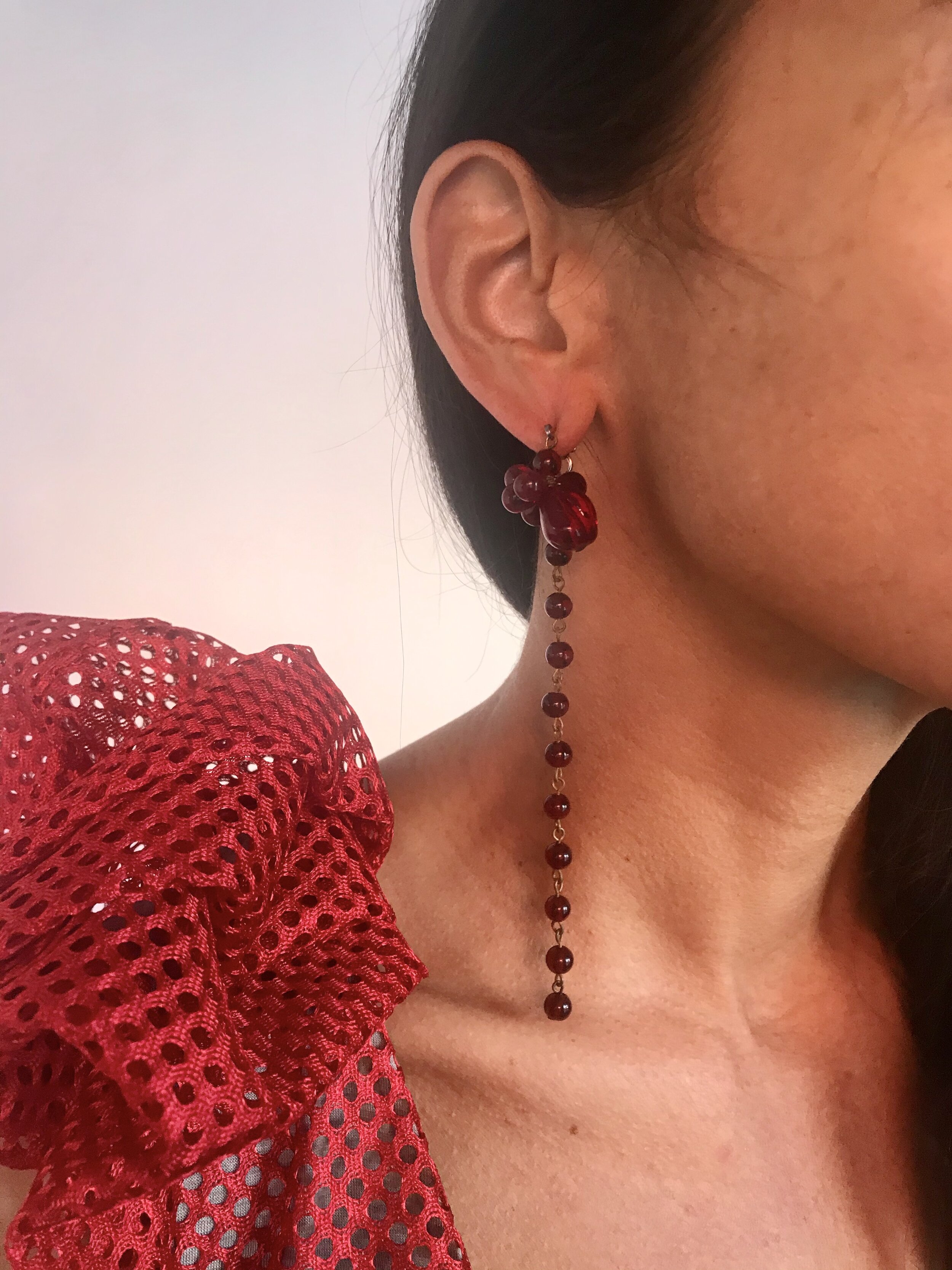 1960’s Red Glass Bead Drop Earrings with a Bead Cluster Upper and Back Post of Cascading Beads On Body