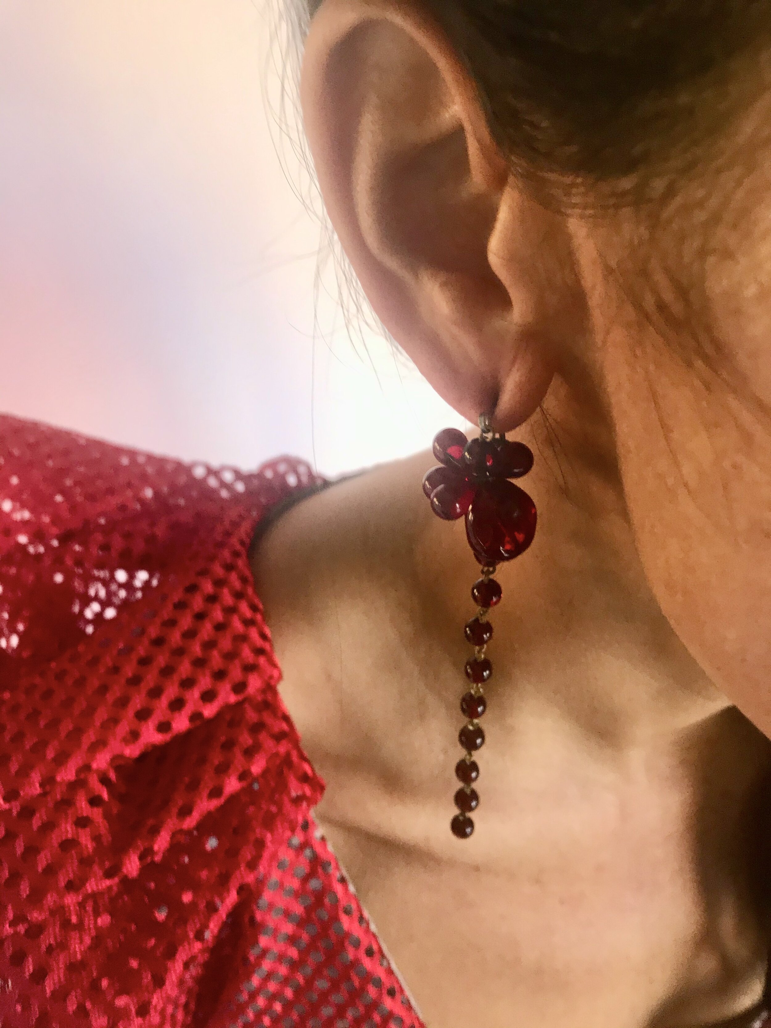 1960’s Red Glass Bead Drop Earrings with a Bead Cluster Upper and Back Post of Cascading Beads Alternative View On Body