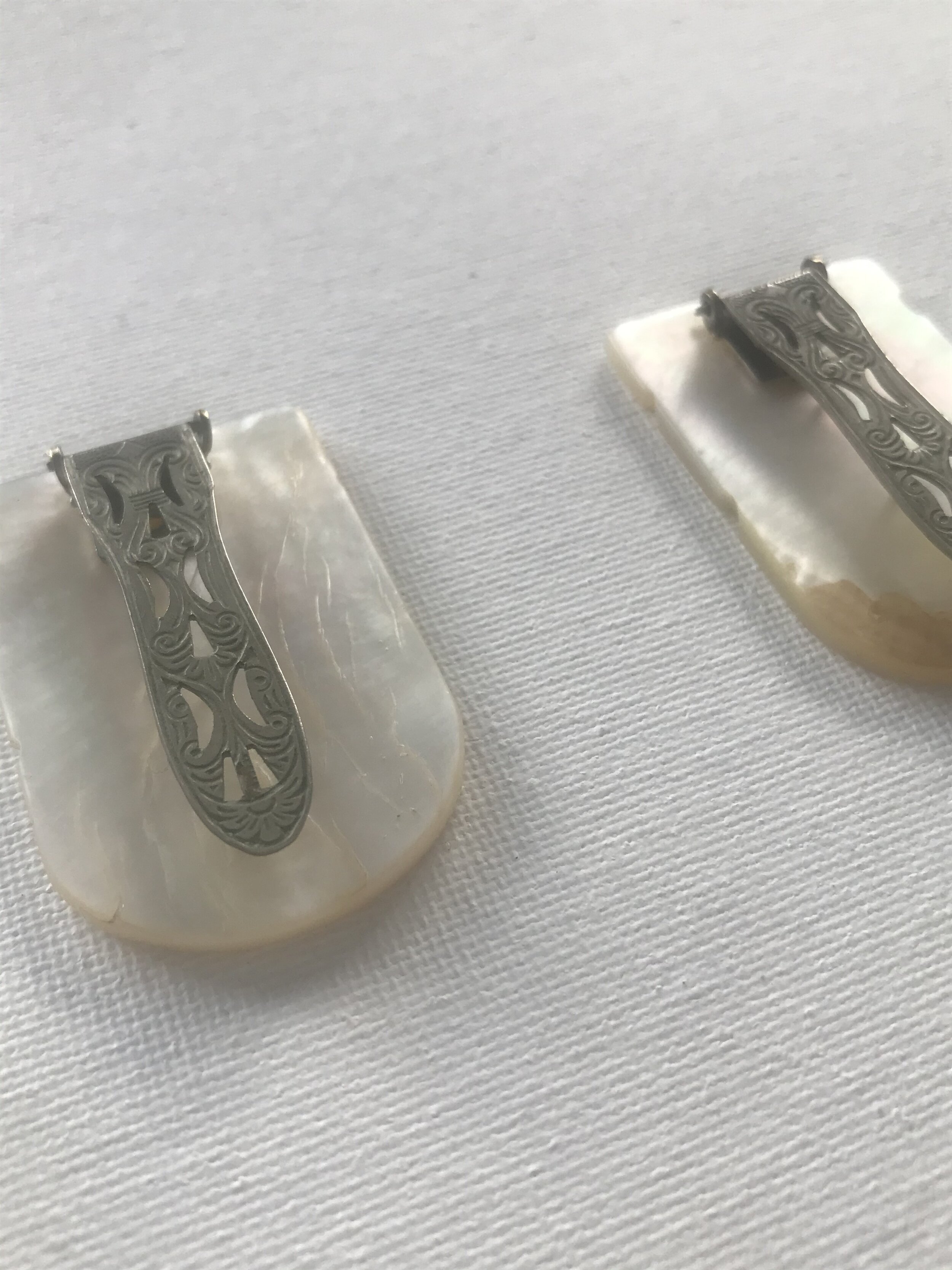 Back Clip View of 1940's Carved Pearl Dress Clips