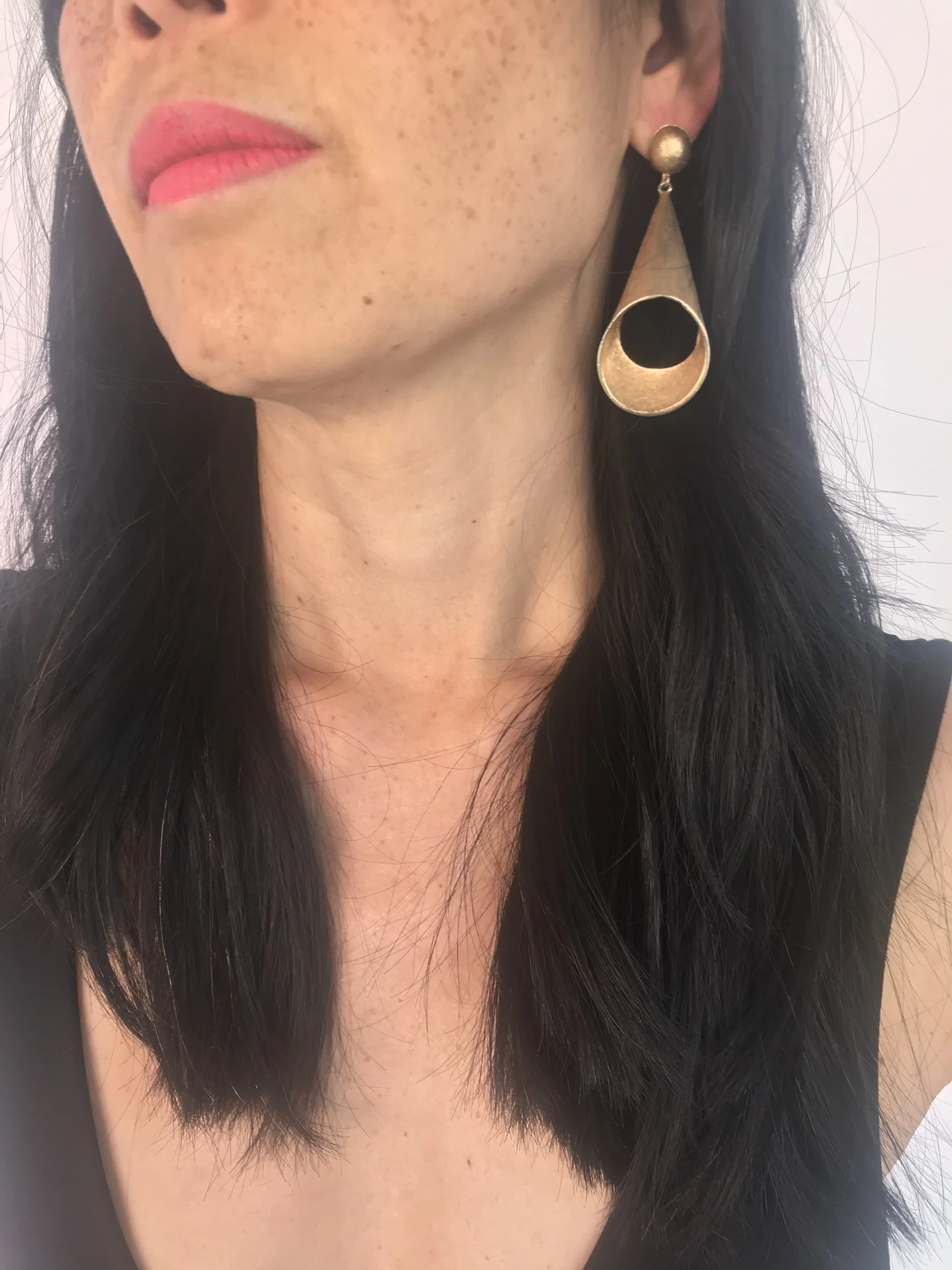 Goldtone Brush Textured Cone Drop Earrings On Body