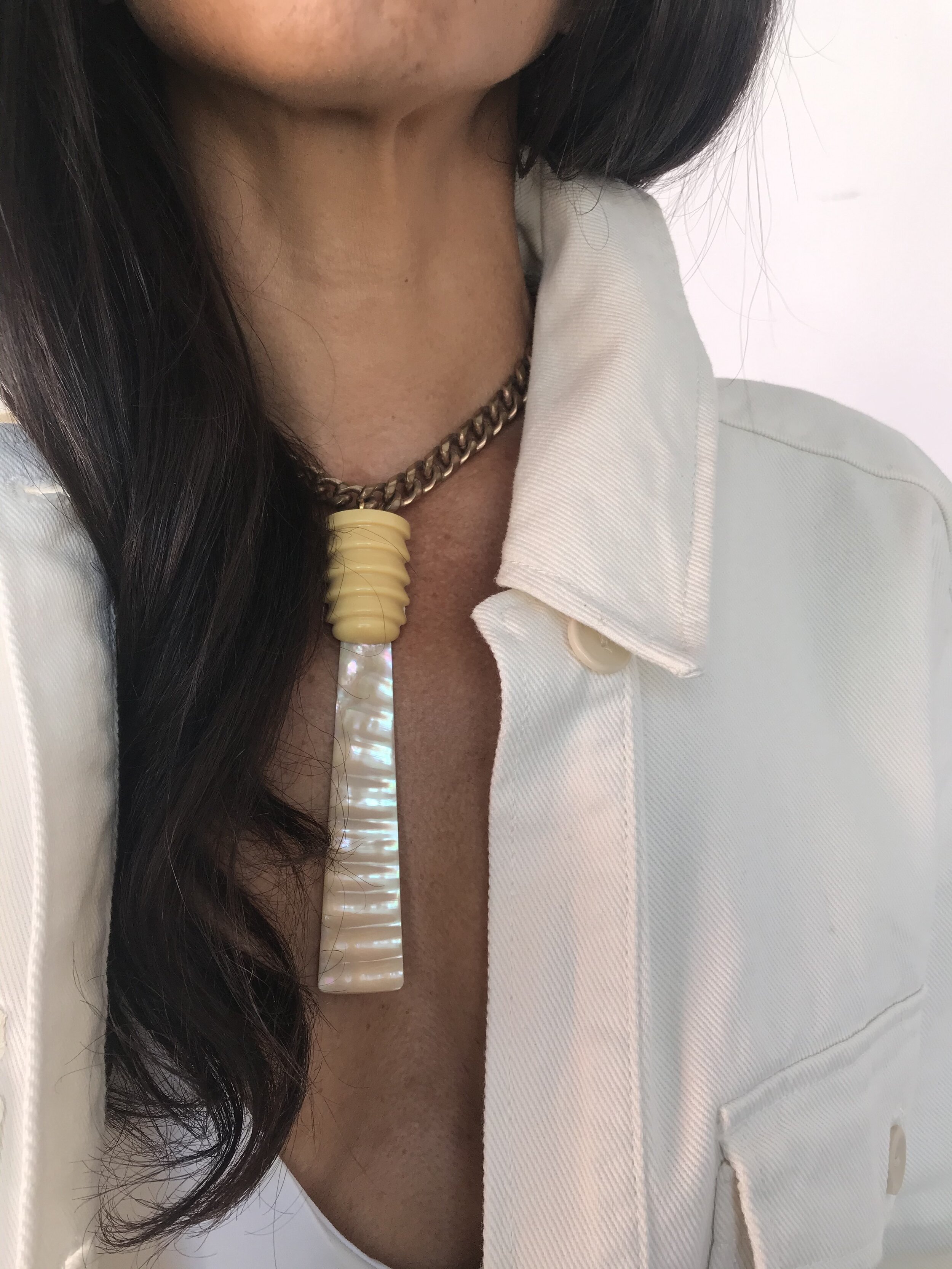 1930's Brass Chain Choker with Cream Art Deco Cone with Mother of Pearl Fan Blade On Body