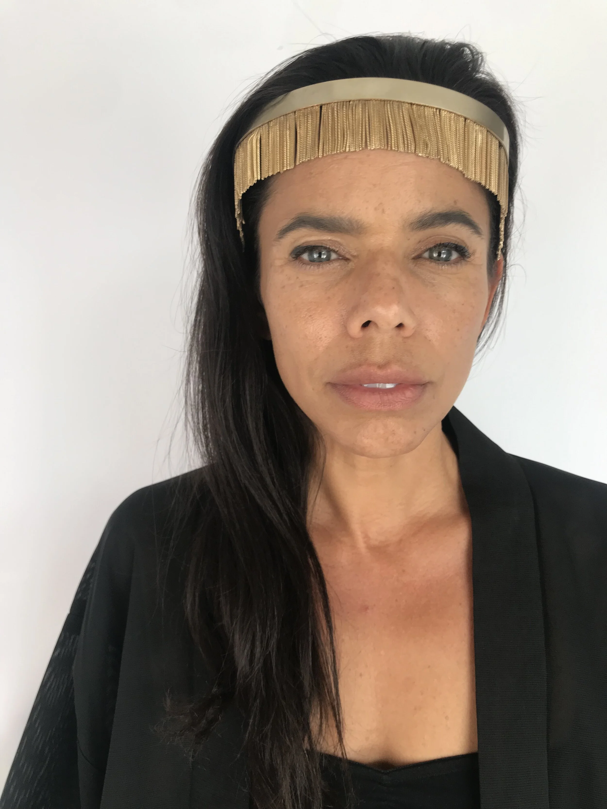 1960's Gold Fringe Headband Shown On Body
