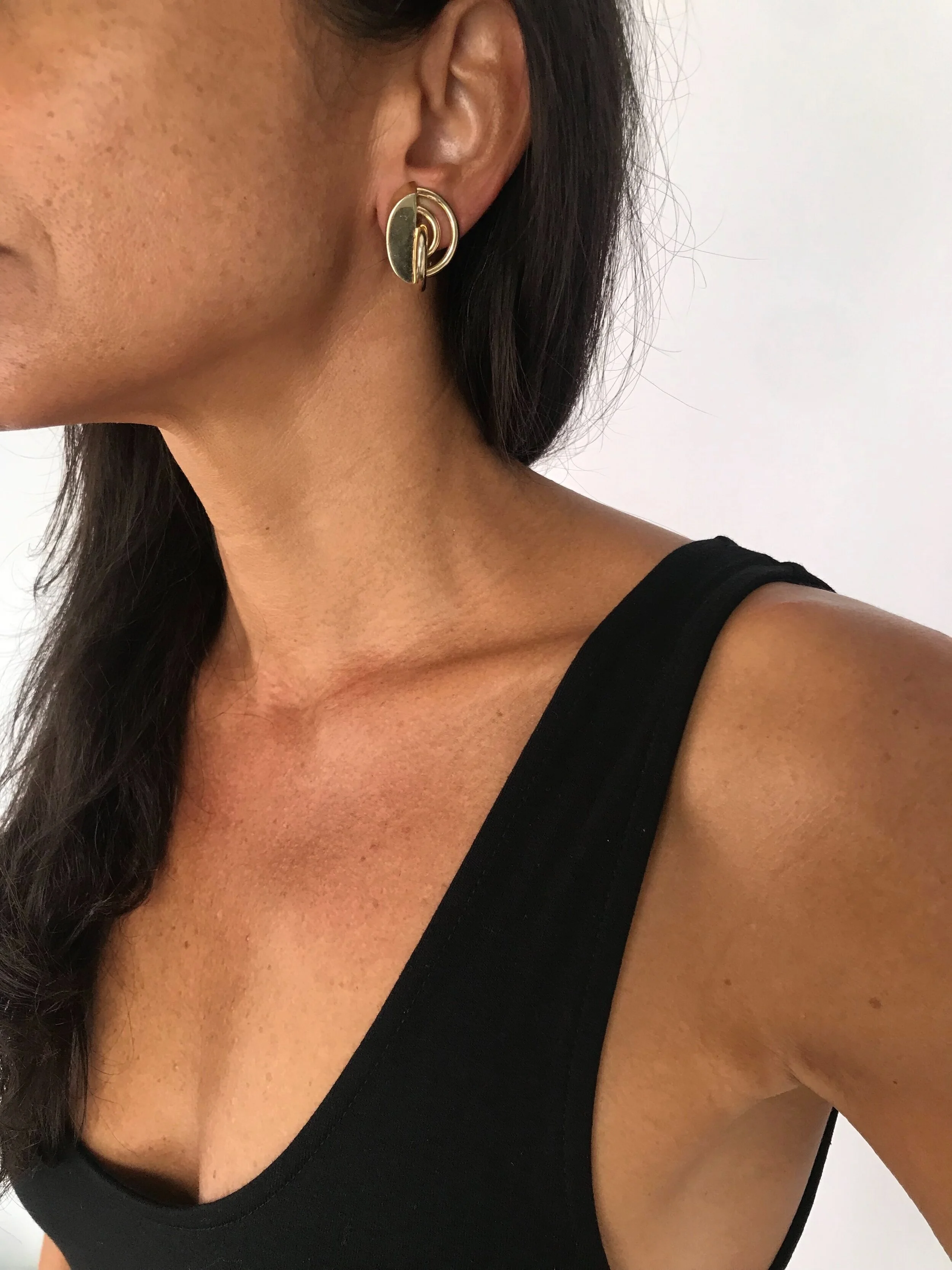 1970's "Kramer" Goldtone Concentric Oval Earrings on Body
