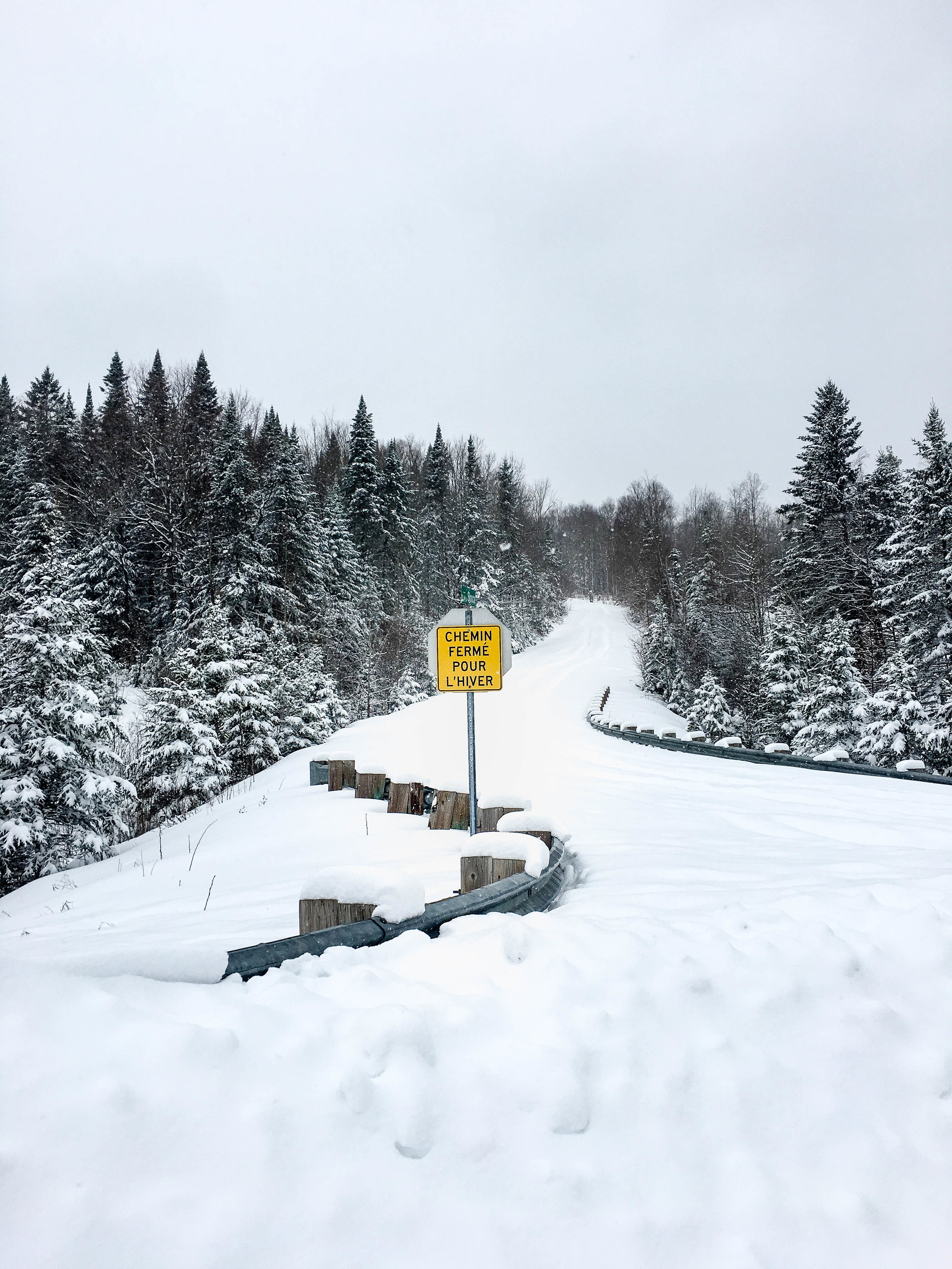 Walk in the mountains in Coaticook. There is are evergreens with a lot of snow and a yellow sign