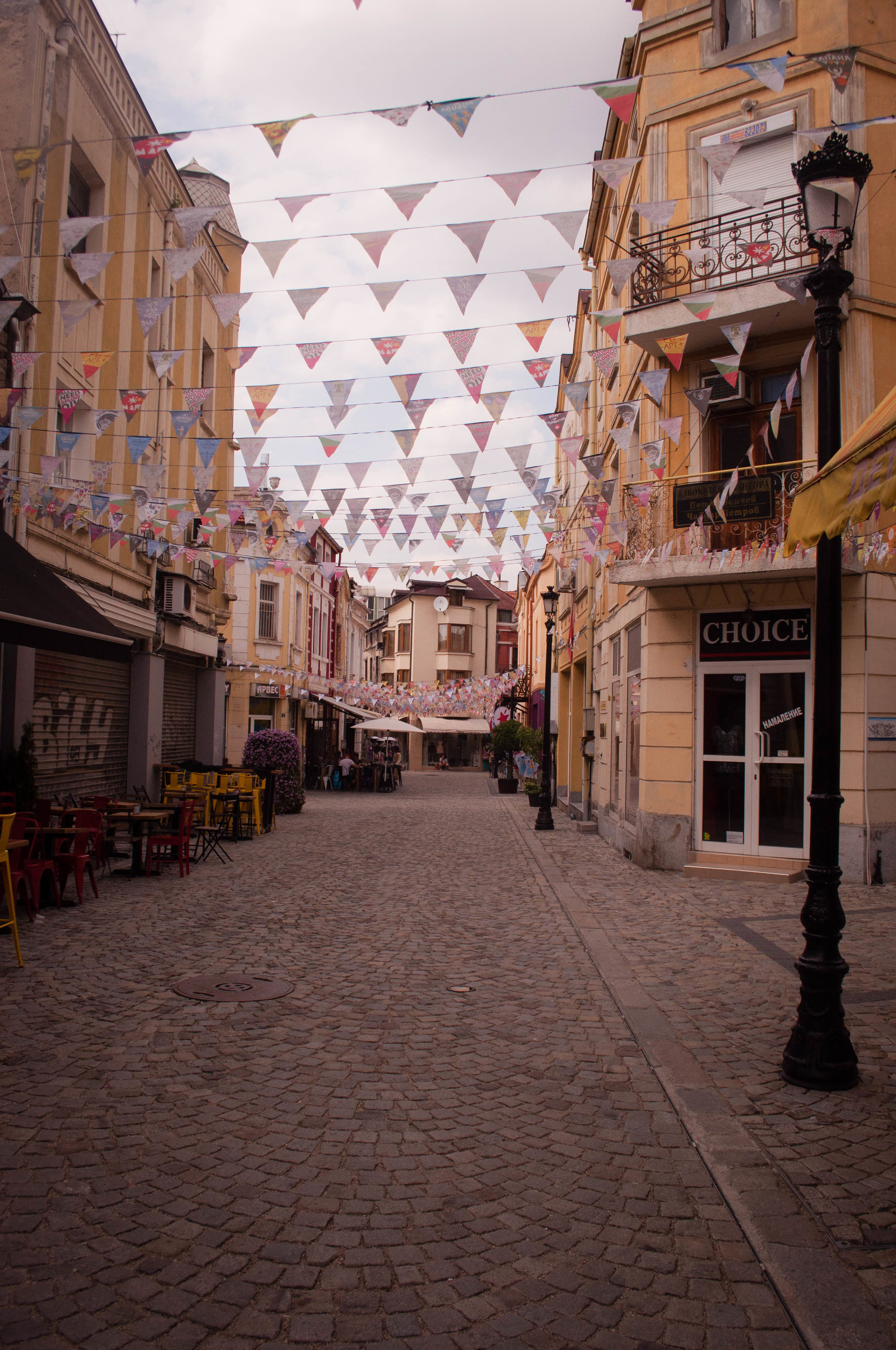 Things to do in Plovdiv, Street in Kapana,  Ploviv (Bulgaria) with streamers and graffiti. 