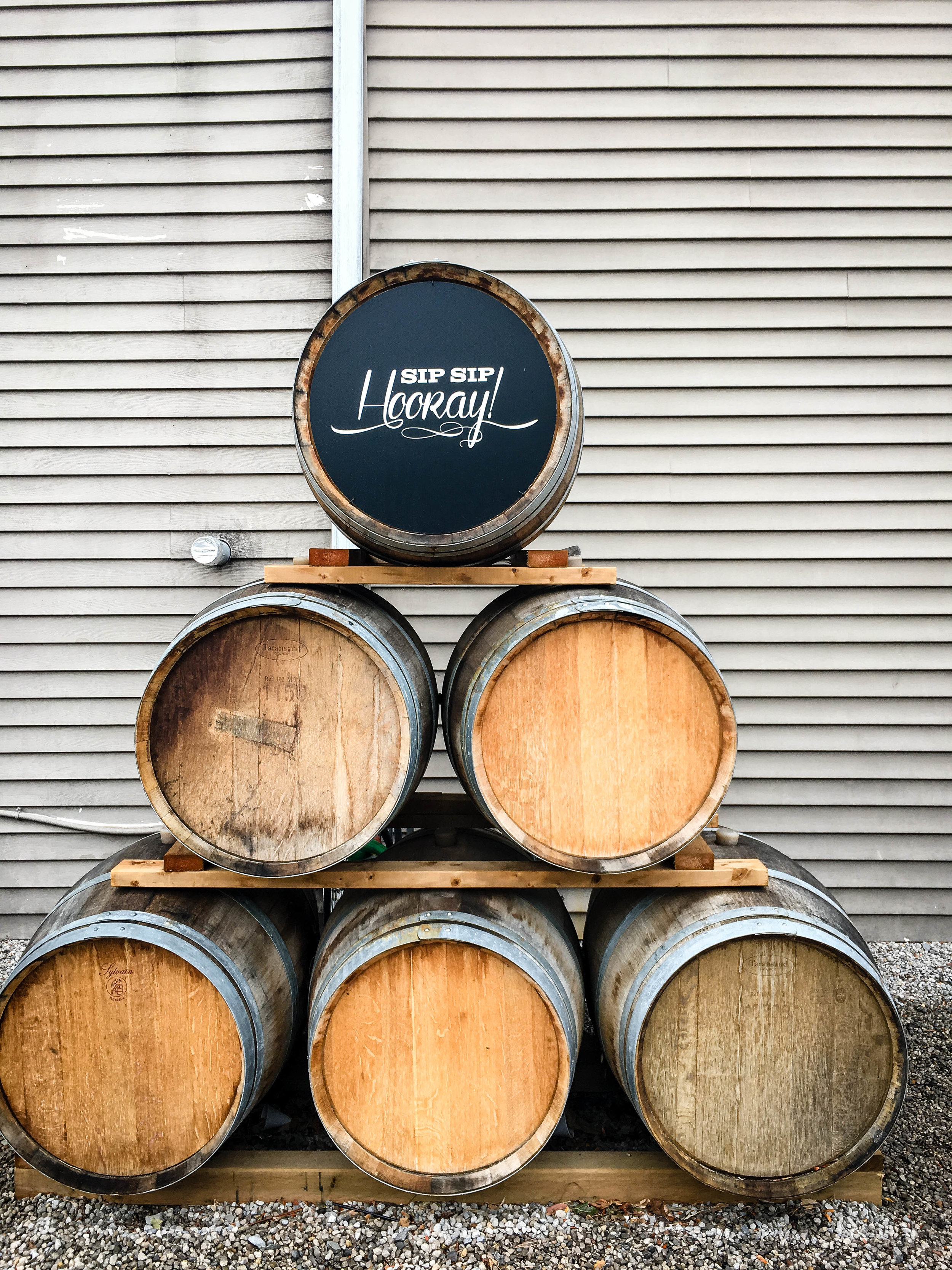 Niagara on the Lake wine barrels with "Hip hip hourray" engravings