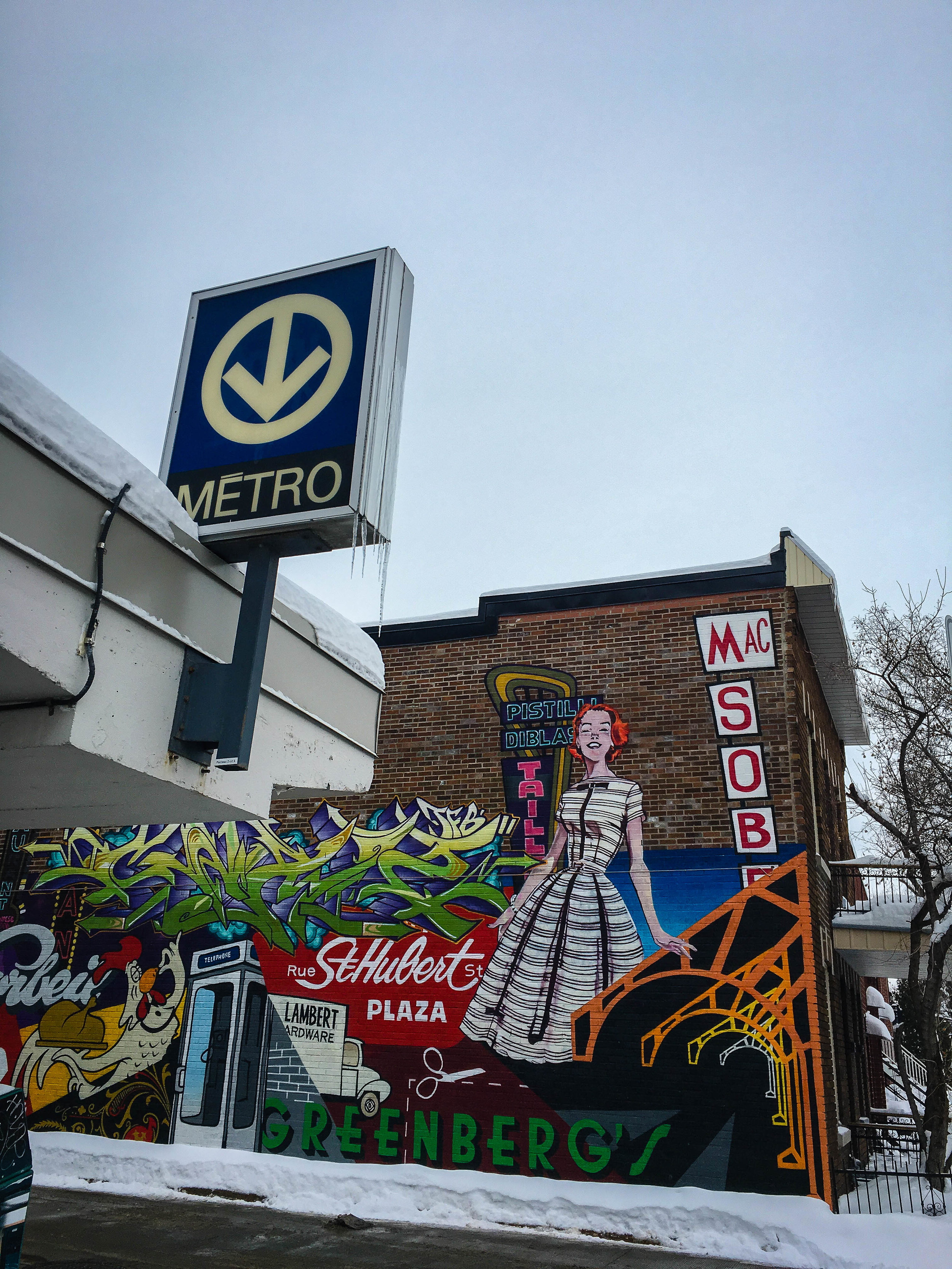 Montreal street art -Mural at the exit of the Beaubien Metro with retro and vintage elements. Graffiti proposed as the best street art in Montreal
