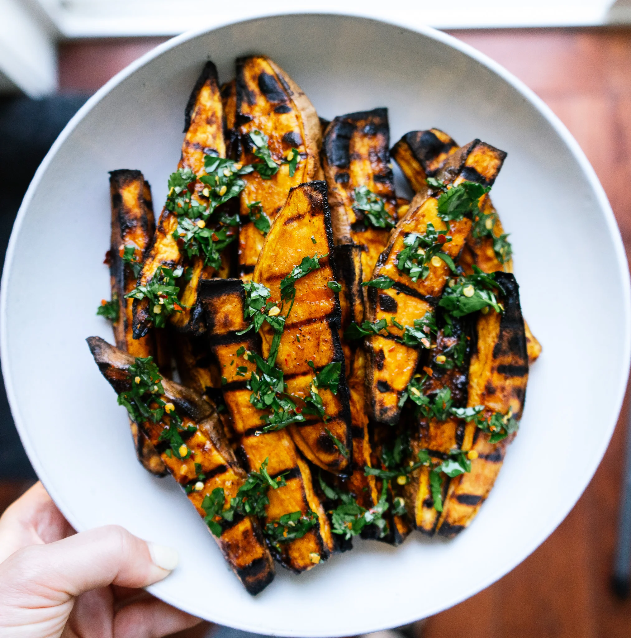 Grilled Sweet Potato Wedges with Mixed Herb Dressing — Mad About Food
