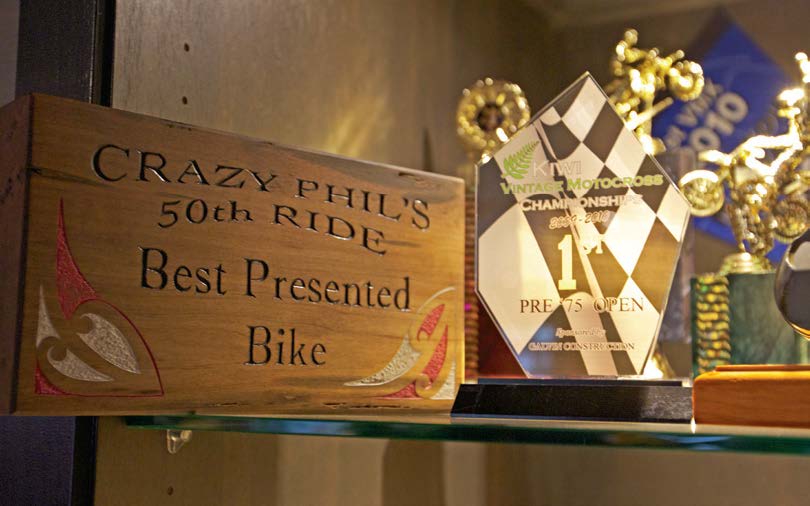 Trophies representing Phil Grant of Norsewood and Steve’s vintage 1974 Maico 440 GP vintage bike.