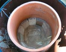 Pot on fire brick ledge.