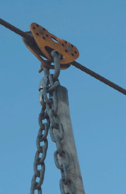 …and attached to the wire using a twin-pulley system on a little carriage