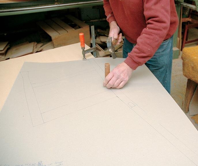 Here &amp; above:  Transfer key points of the drawing directly to the template with an awl including the positions of all rails and mortises.