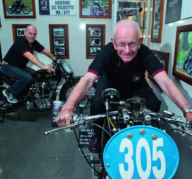 Father and son as racers, Bruce (foreground) on the 1948 Mk 8 KTT, Malcolm on the 1930 Mk 1 KTT he still races.