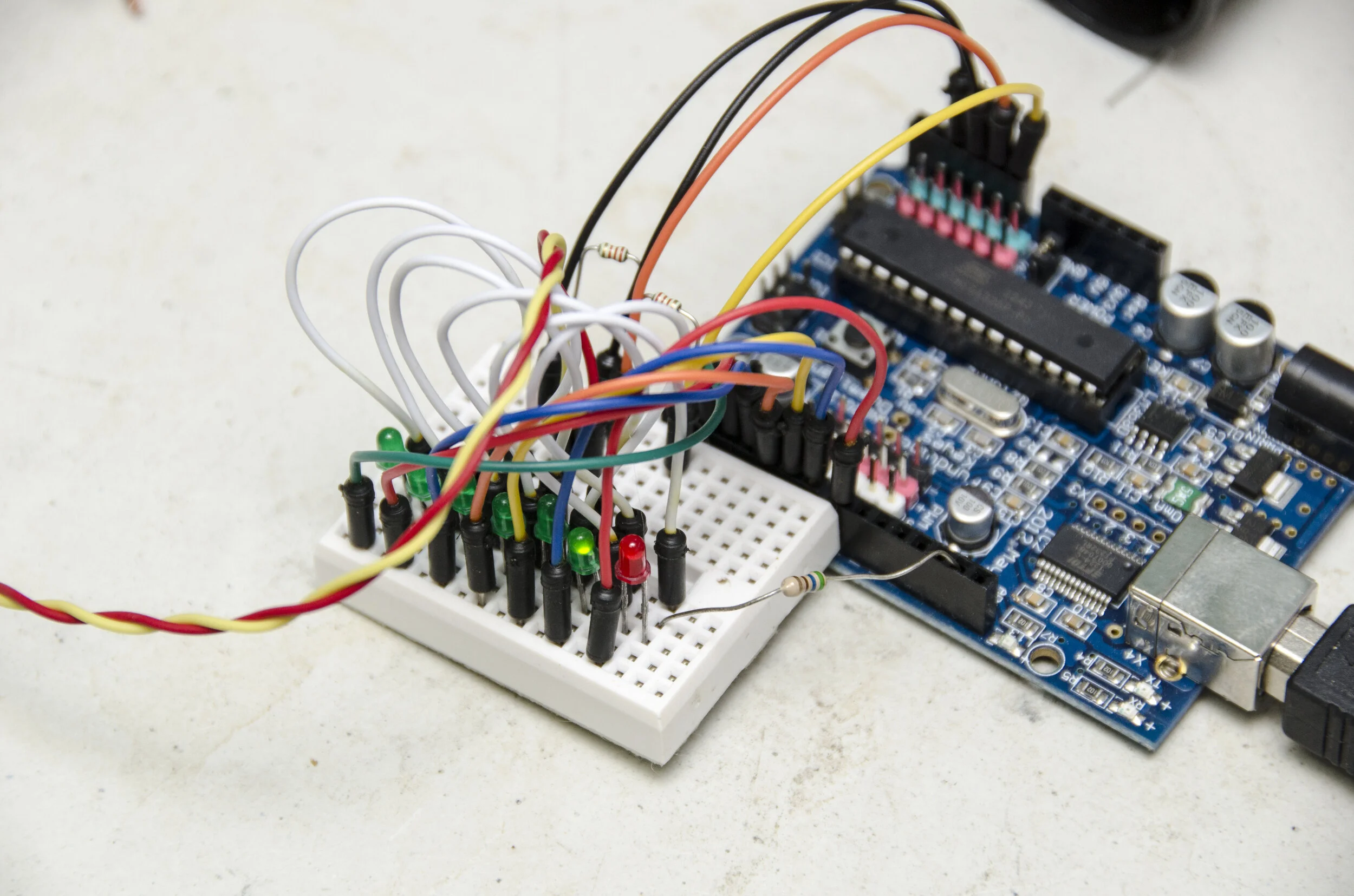 Close up of the breadboard. The red and yellow wires go to the sensor