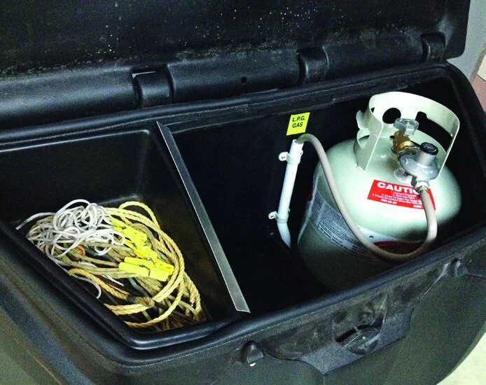 Moulded plastic storage box with gas bottle plumbed in