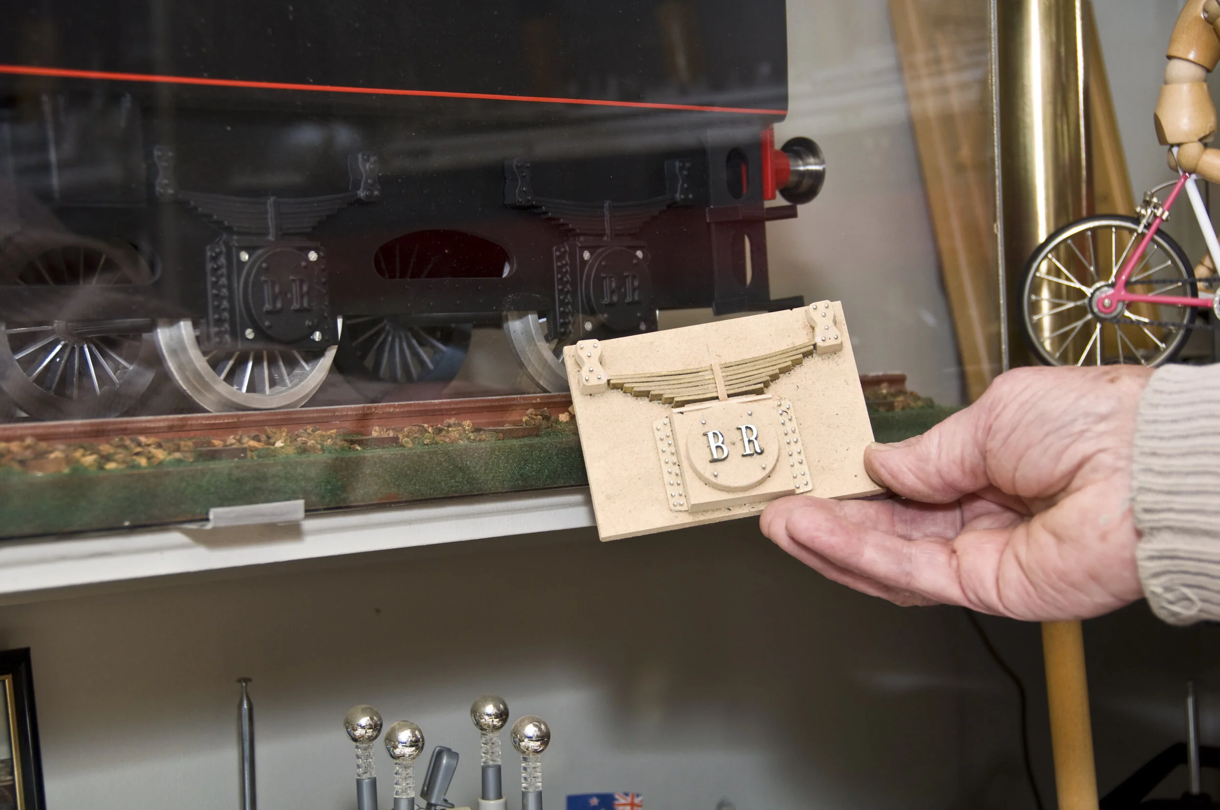 Carved pattern used to vacuum-mould wheel springs for the model Evening Star, a British Railways BR Standard Class 9F locomotive