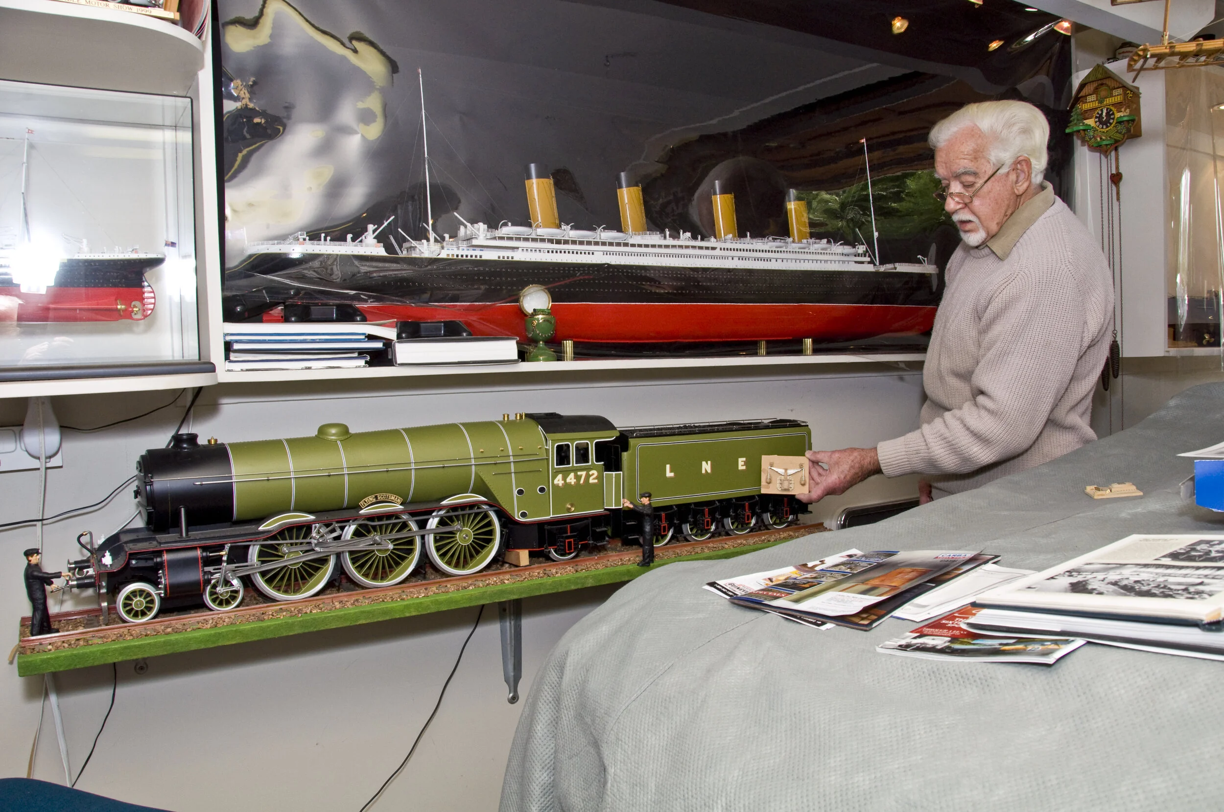 Wheel springs for the model of the Flying Scotsman. The model of the Titanic in the background had lifeboats and funnel formed from plastic moulds