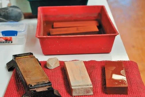 Sharpening stones (left to right) diamond, 6000 and 1200 grit