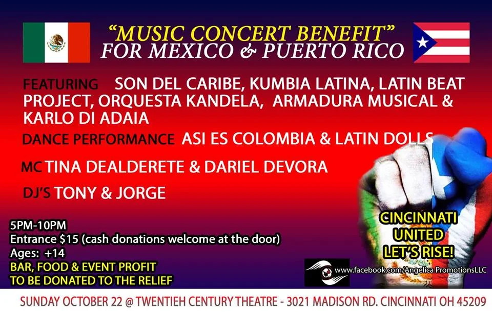      

 
    Orquesta Kandela   Music Concert Benefit for Mexico and Puerto Rico&nbsp;  Featuring: Son del Caribe, Armadura Musical,   Orquesta Kandela ,  Kumbia Latina, Latin Beat Project,&nbsp;and Karlo Di Adaia Dance Performances: Asi es Colombia 