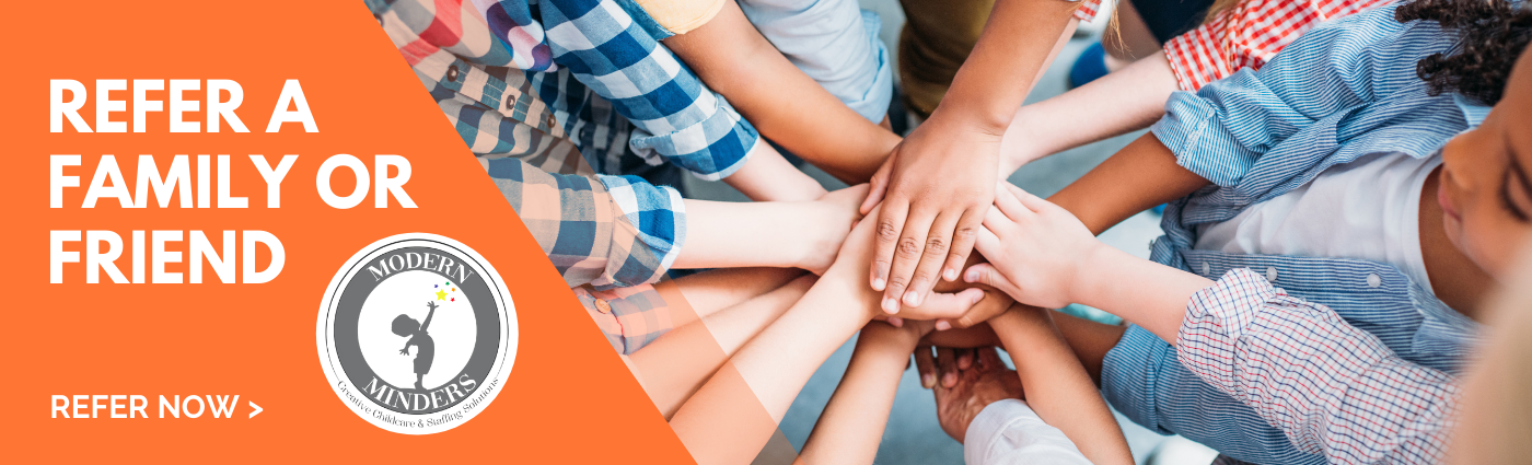 Refer a family or friend promotion with hands joined together, encouraging community referrals to Modern Minders by clicking the picture that takes you to an email link