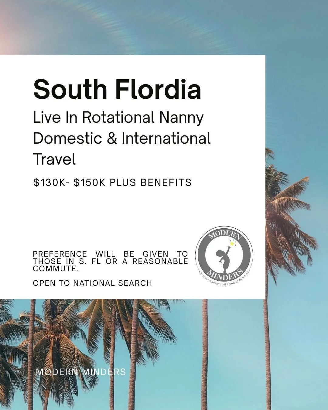 ✨ JOB ALERT | SOUTH FLORIDA | ROTATIONAL NANNY ✈️🌎

Not every rotational nanny position is worth leaving your current role for...

This one might be.

We're searching for an exceptional career rotational nanny to join one of our favorite long-term M