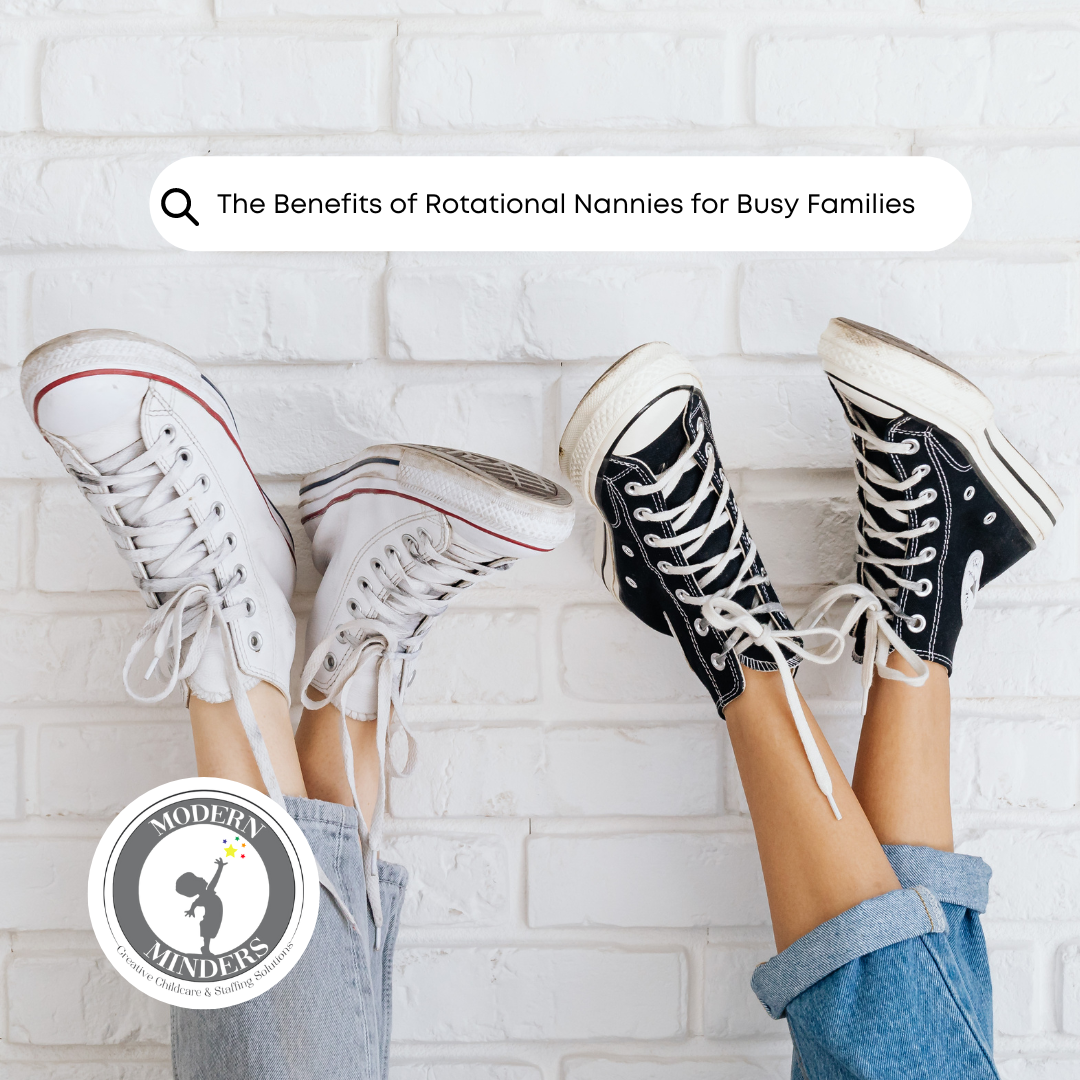 Two pairs of sneakers raised against a wall, symbolizing flexibility and shared schedules in rotational nanny positions