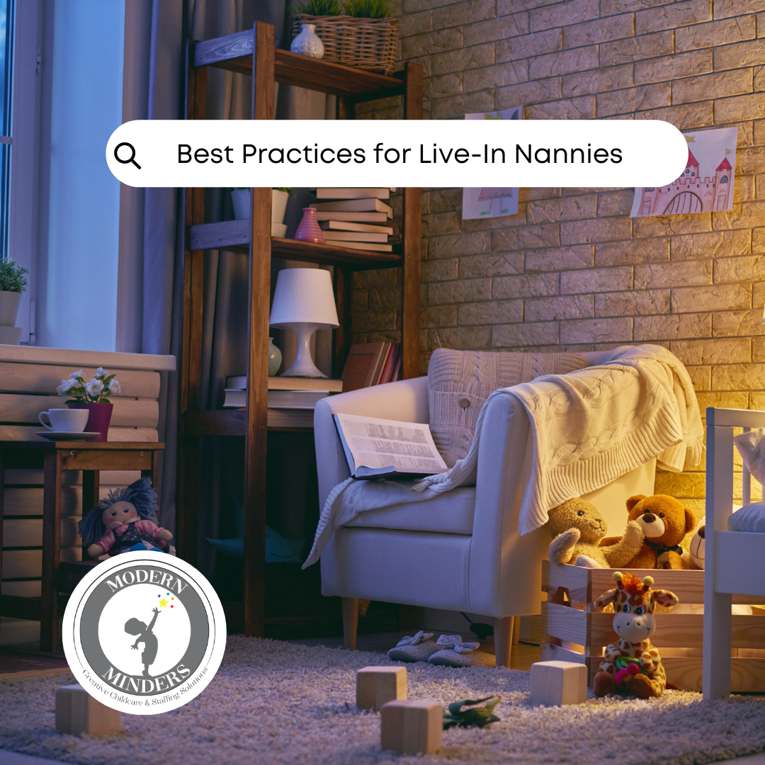 Comfortable living space with reading chair and children’s toys, representing best practices for live-in nanny arrangements