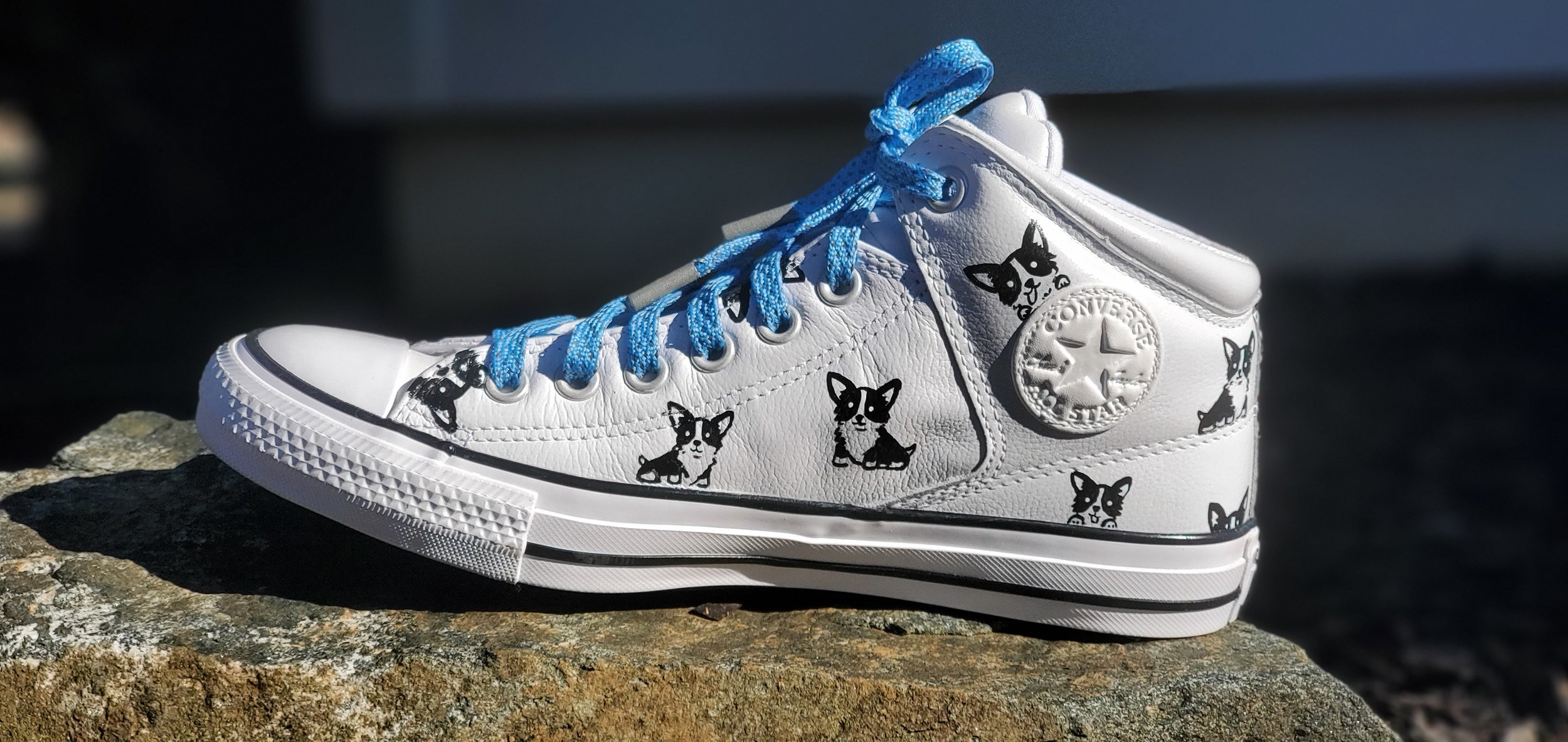  pattern: custom   shoes: converse leather high tops  laces:  reflective flat, carolina blue  aglets: reflective 