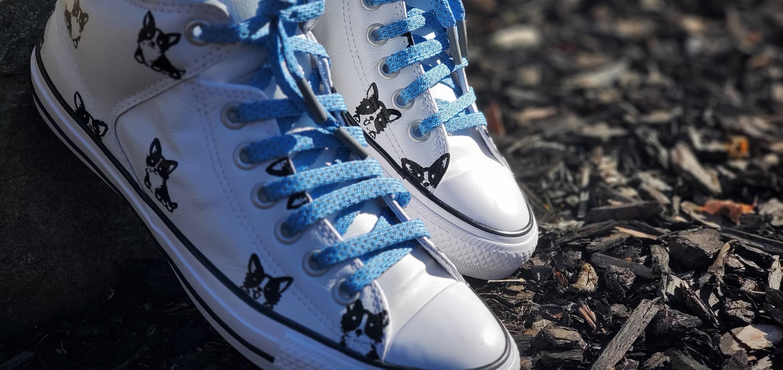  pattern: custom   shoes: converse leather high tops  laces:  reflective flat, carolina blue  aglets: reflective 