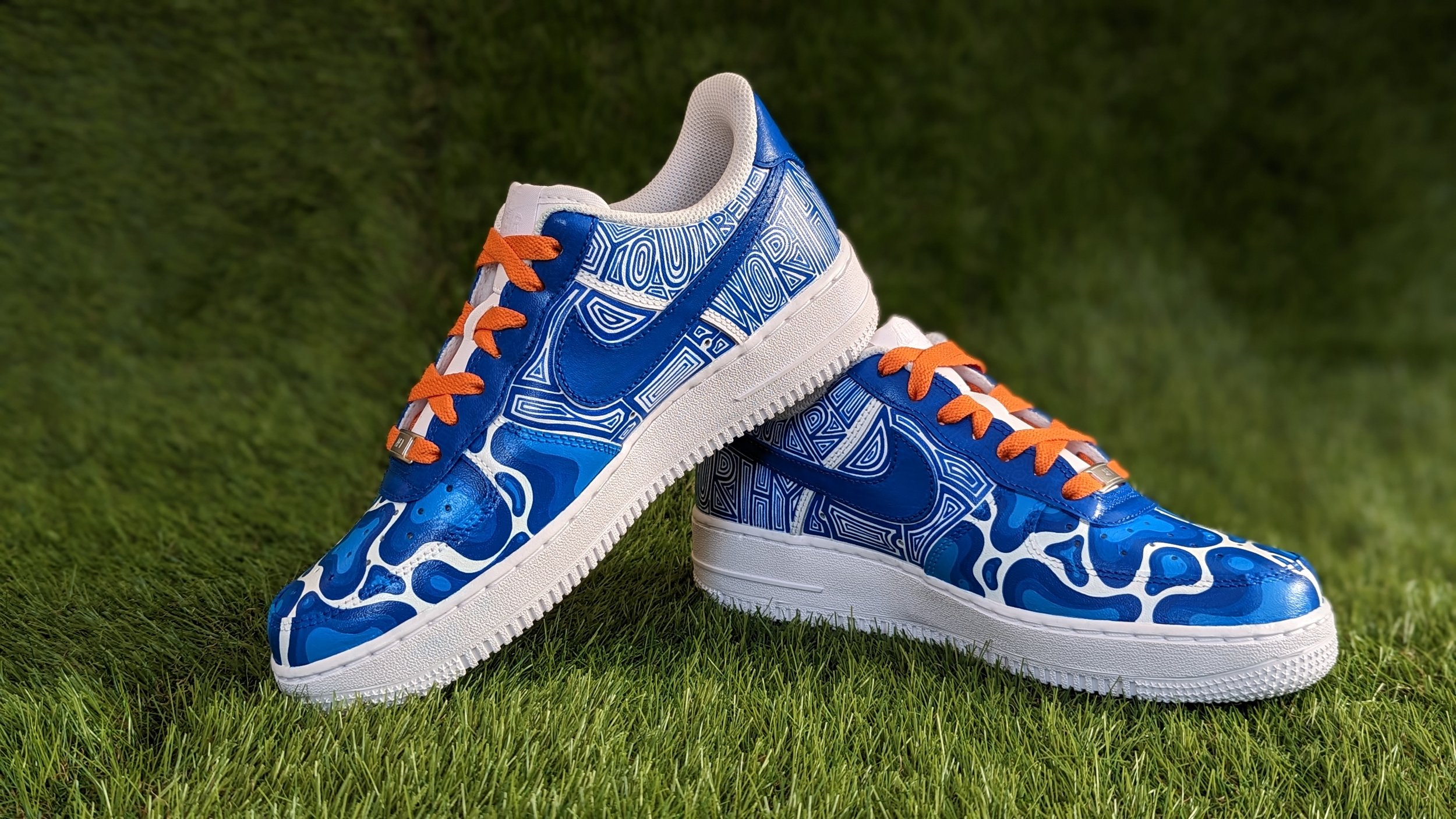  pattern: custom   shoes: nike af-1    laces:  colored flat, orange  aglets: gunmetal 