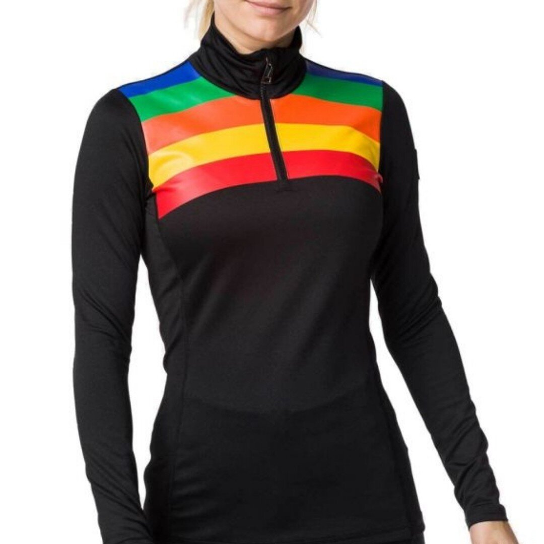 French fashion designer Jean-Charles de Castelbajac puts his signature on this women's Bessi Top using bold graphics in rainbow hues. 

The ski top is made of light, stretchy fabric with a cozy brushed interior for next-to-skin softness. A slim fit h
