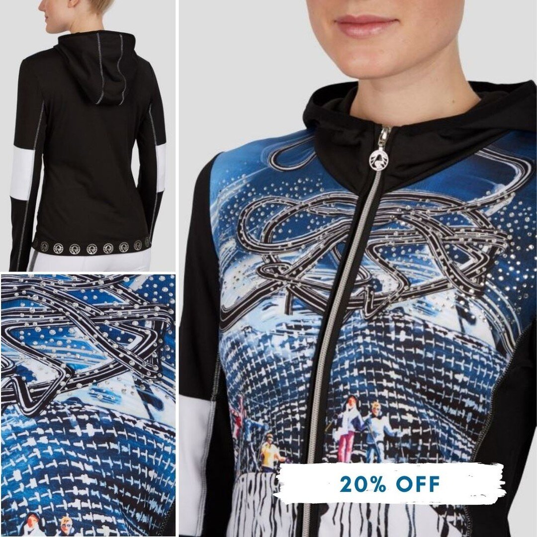 This Sportalm jacket made of elastic, printed jersey quality with hood presents itself in a retro look with an allover ski motif print on the front. 

Glittering crystals on the front bring a little elegance into the action. This sports fleece perfec