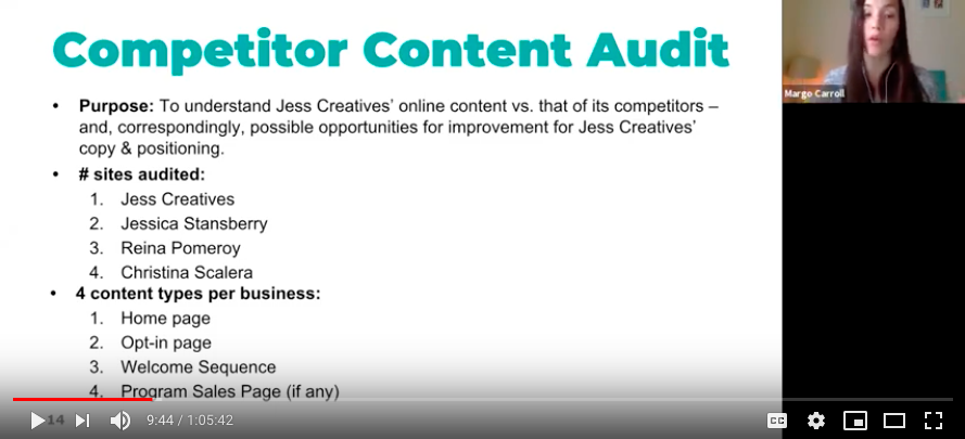 Yours truly, presenting a Competitor Content Audit to a client on a Copy Presentation Call.