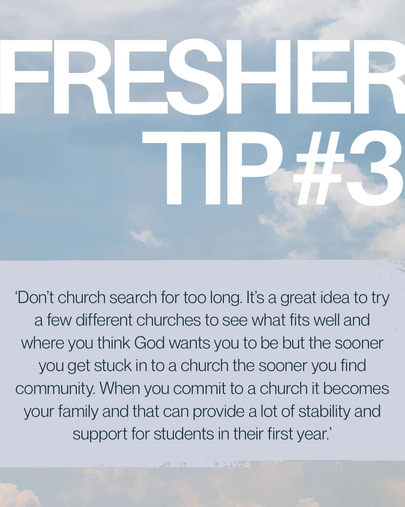 Fresher tip #3 

Finding a church is so important when you first come to a new city! If you have any questions about church we&rsquo;d love to connect with you ✨