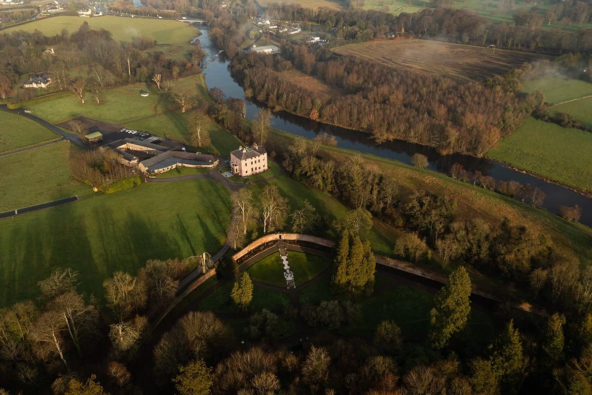 Aerial View of Boyne Hill House, the estate, boyne river, and gardens. Exclusive, Country House, Best Wedding Venues in Ireland.