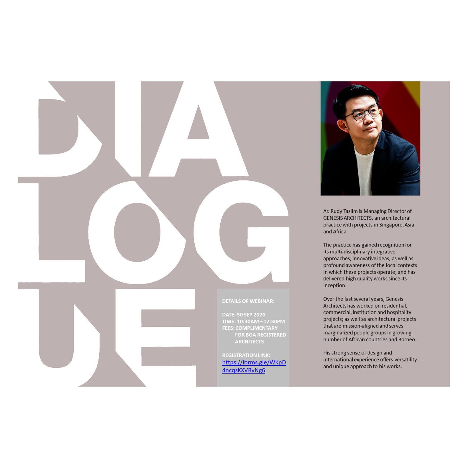 We thank the Singapore Board of Architects and Registrar Ar. Larry Ng for the invitation to speak at the inaugural session of the Singapore Board of Architects Webminar Series - DIALOGUE. Join Ar. Rudy Taslim as he shares his thoughts on the Covid-1…